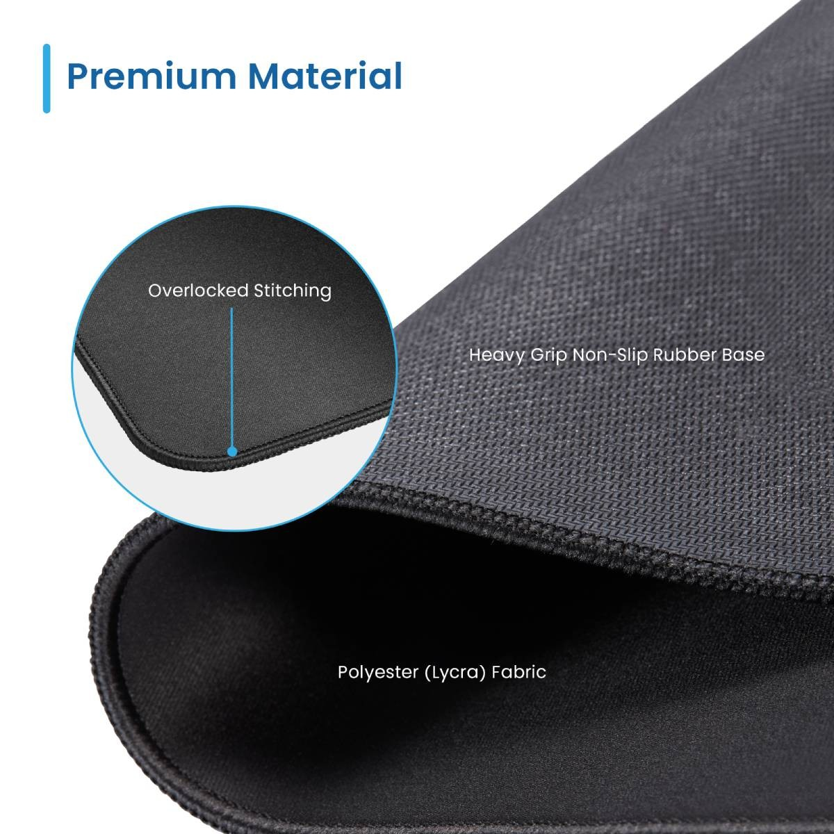 Zbliżenie czarnej podkładki pod mysz ze szczegółami warstw i użytych materiałów.