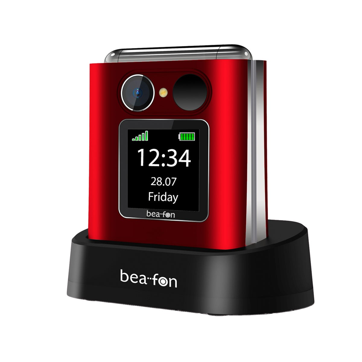 Czerwony telefon z klapką w czarnej stacji ładującej. Telefon wyświetla godzinę i datę na ekranie.