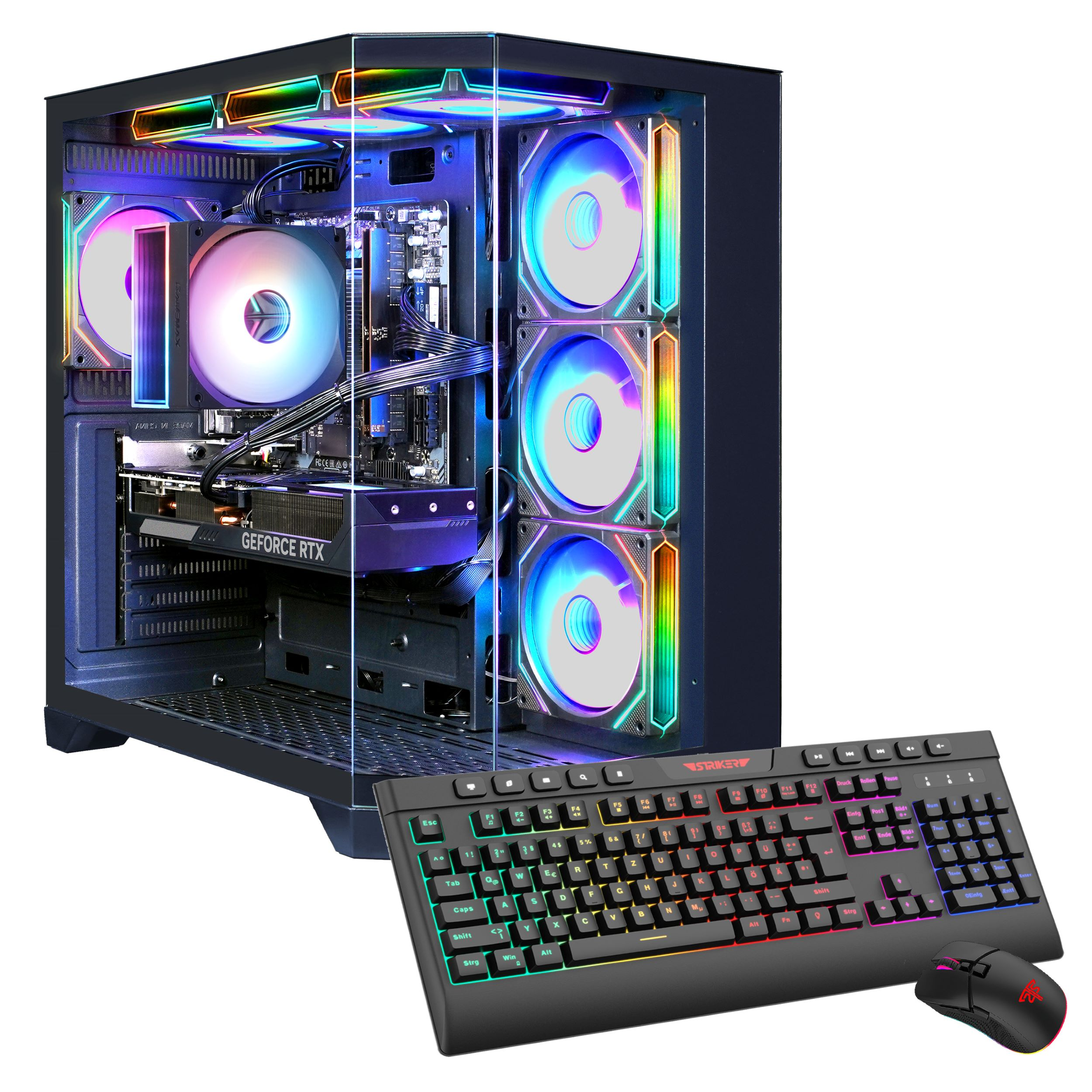 Gaming-PC mit RGB-Beleuchtung, Tastatur und Maus. Glas-Seitenwand, schwarzes Gehäuse.