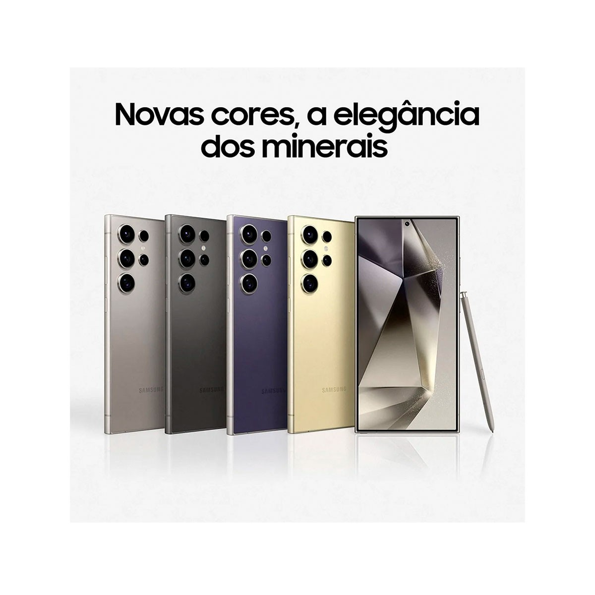 Vijf smartphones in verschillende kleuren worden getoond. Tekst luidt 'Novas cores, a elegância dos minerais'.