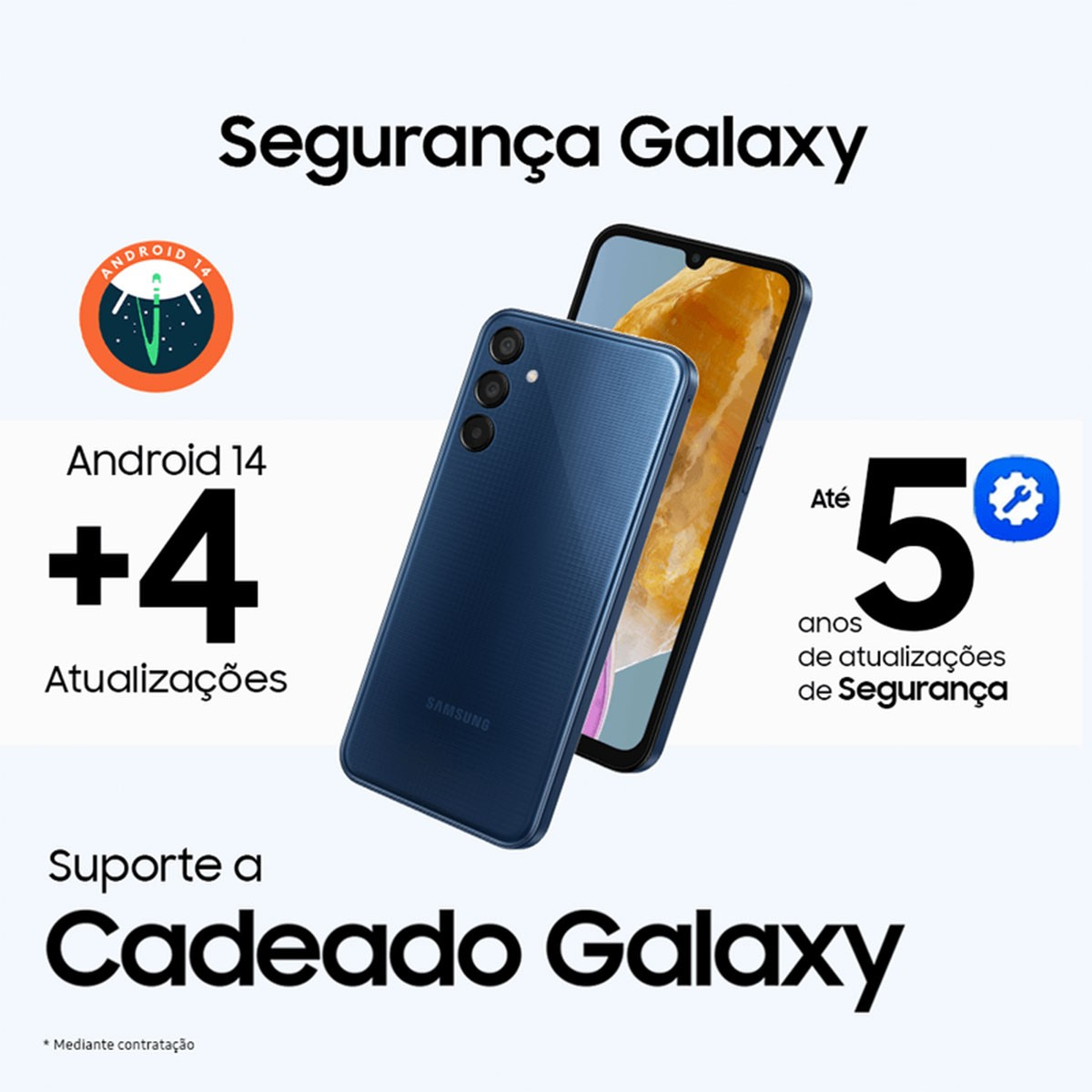 Niebieski smartfon z tekstem o Androidzie 14 i aktualizacjach zabezpieczeń. Napisano 'Segurança Galaxy'.