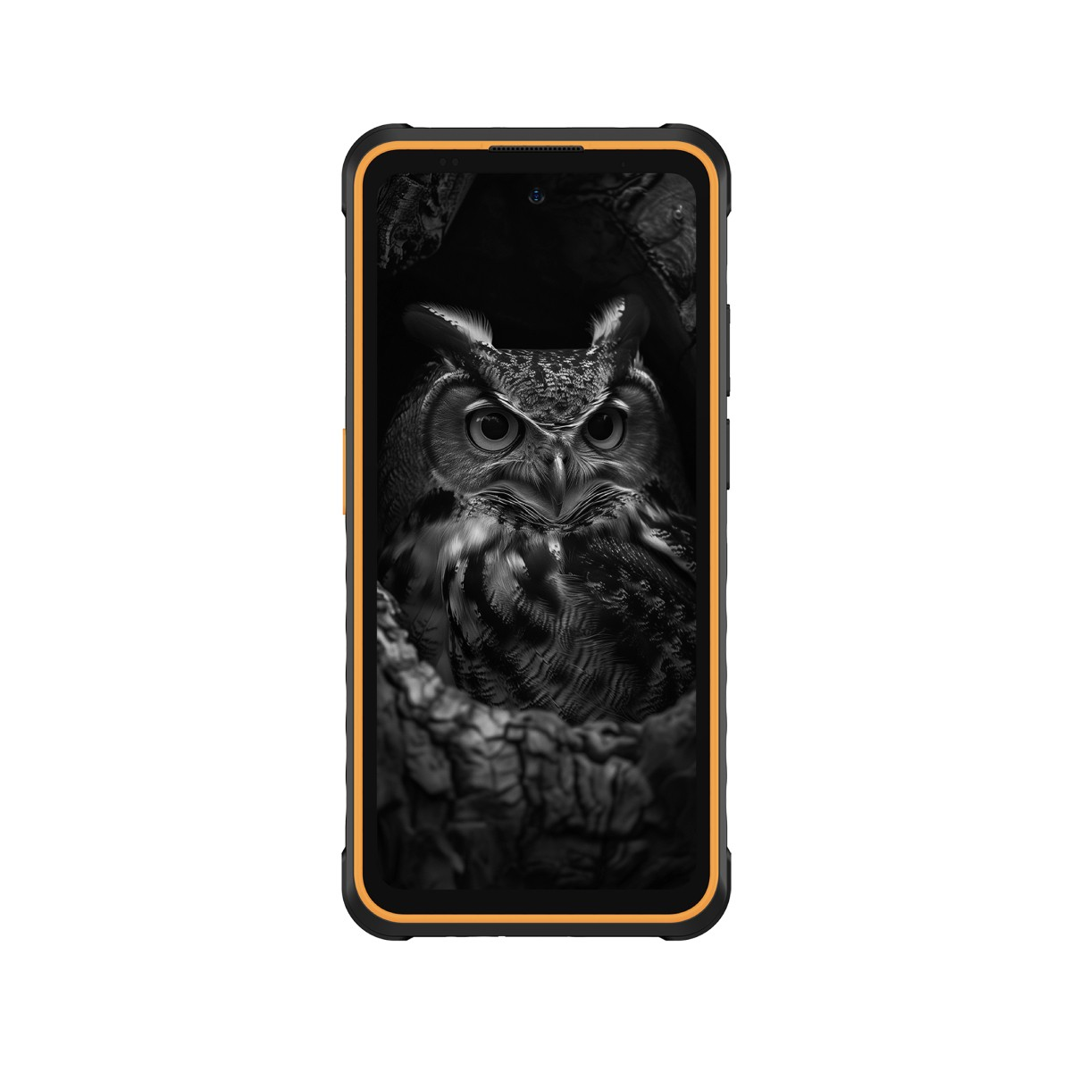 Ein Smartphone-Bildschirm zeigt eine Eule in einer dunklen Umgebung. Das Telefon hat einen orangefarbenen Rahmen.
