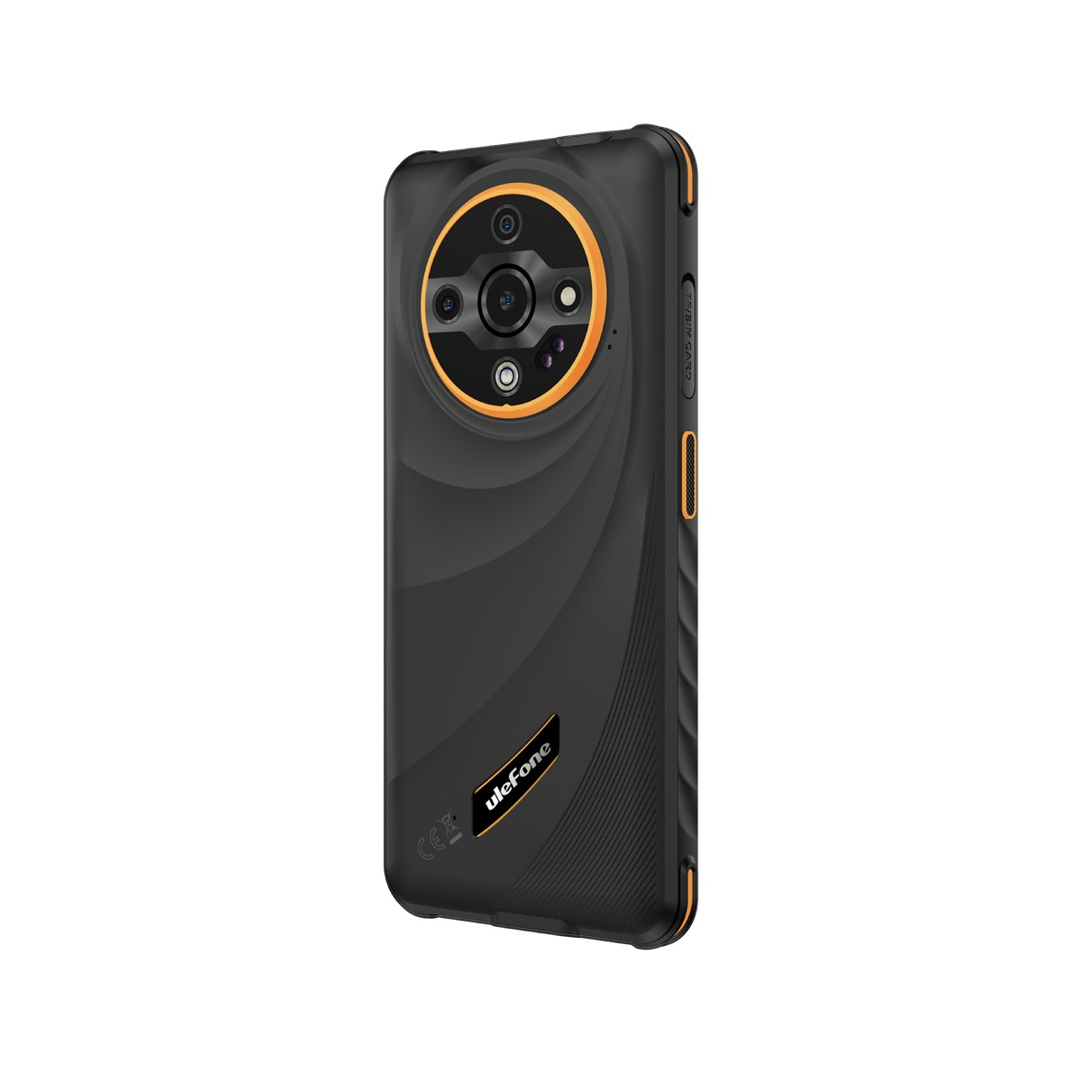 Rückansicht eines schwarzen Ulefone-Telefons mit orangefarbenen Akzenten. Es hat ein kreisförmiges Kameramodul.