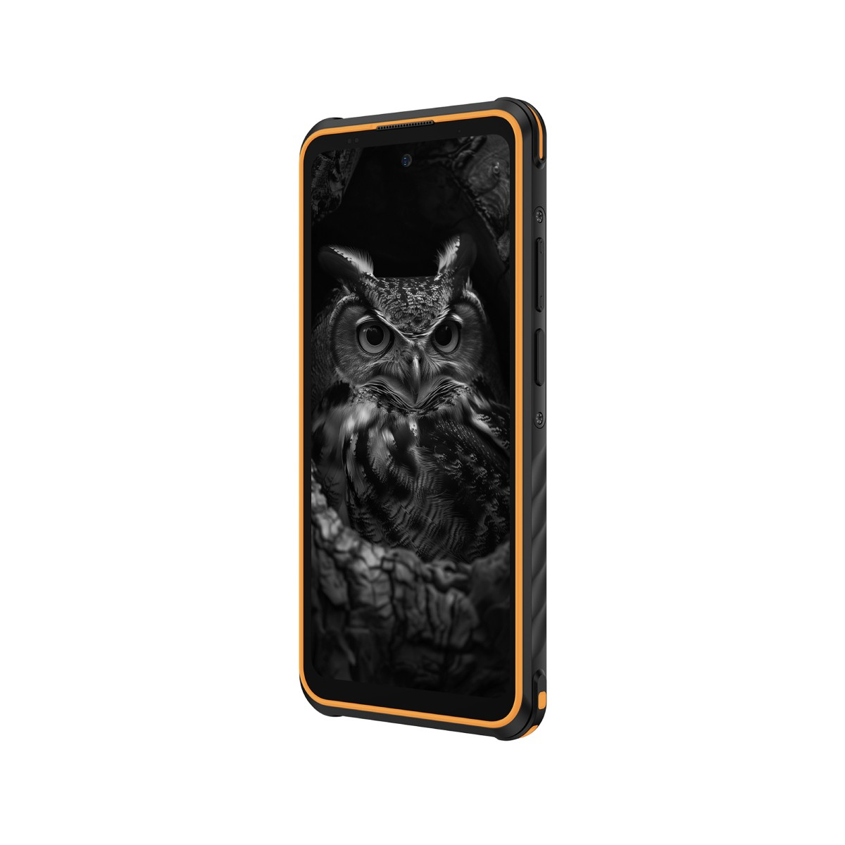 Der Smartphone-Bildschirm zeigt eine Eule in einem dunklen Wald. Das Telefon hat orangefarbene Akzente.