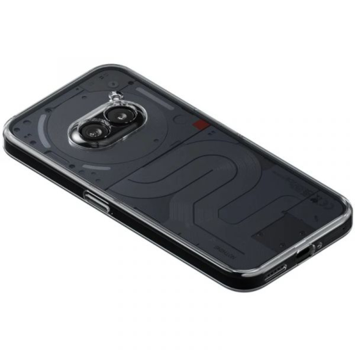 Eine schräge Ansicht einer Smartphone-Hülle. Die Hülle ist transparent mit einem dunkelgrauen Innendesign.
