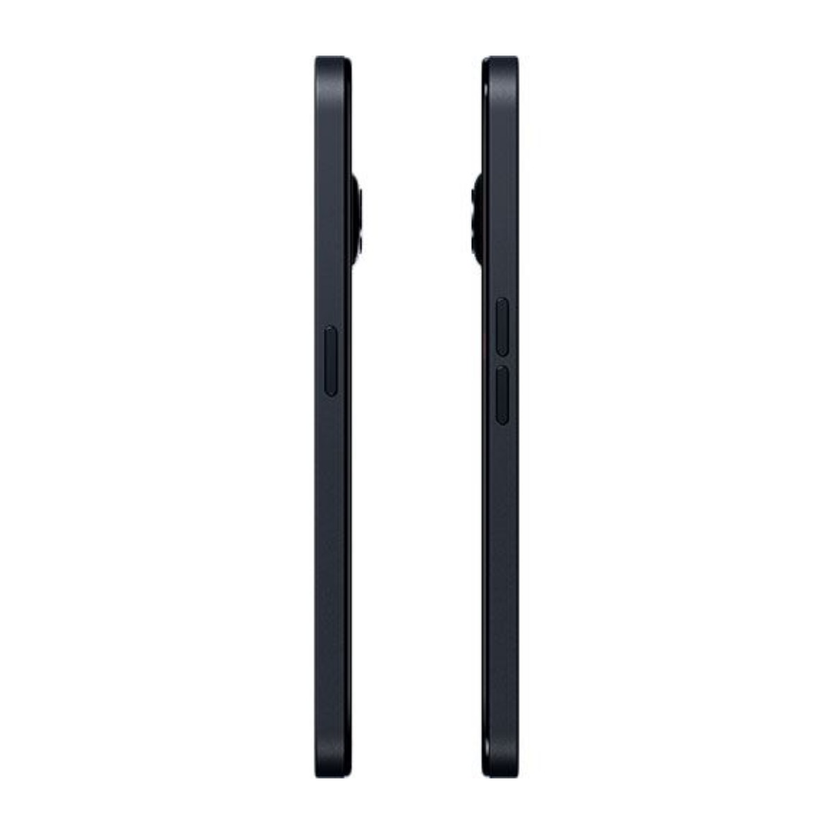 Zwei schwarze Smartphones von der Seite gesehen. Sie zeigen die Seitentasten und ein schlankes Design.