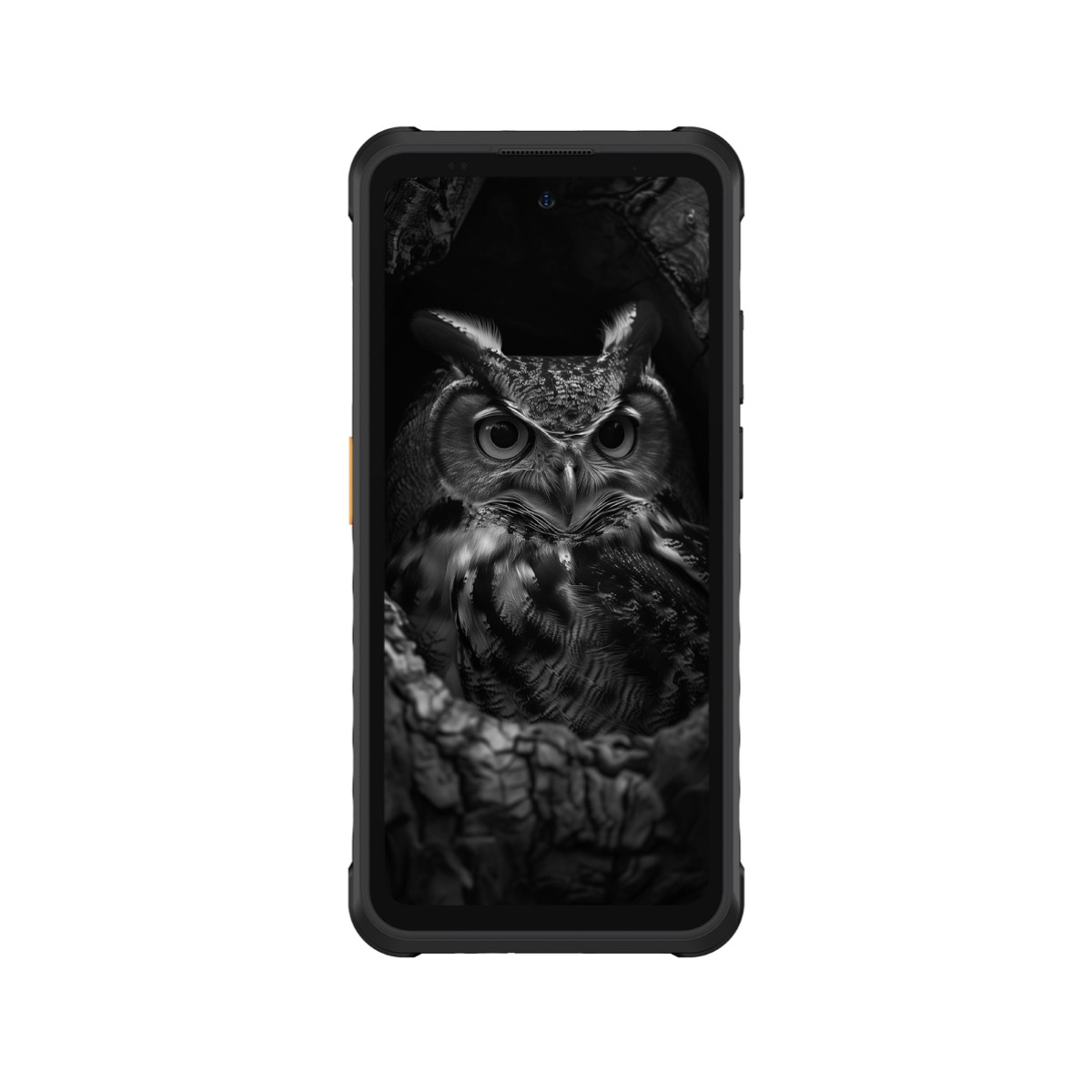 Ekran smartfona wyświetla sowę w ciemnym otoczeniu. Telefon ma pomarańczową ramkę.