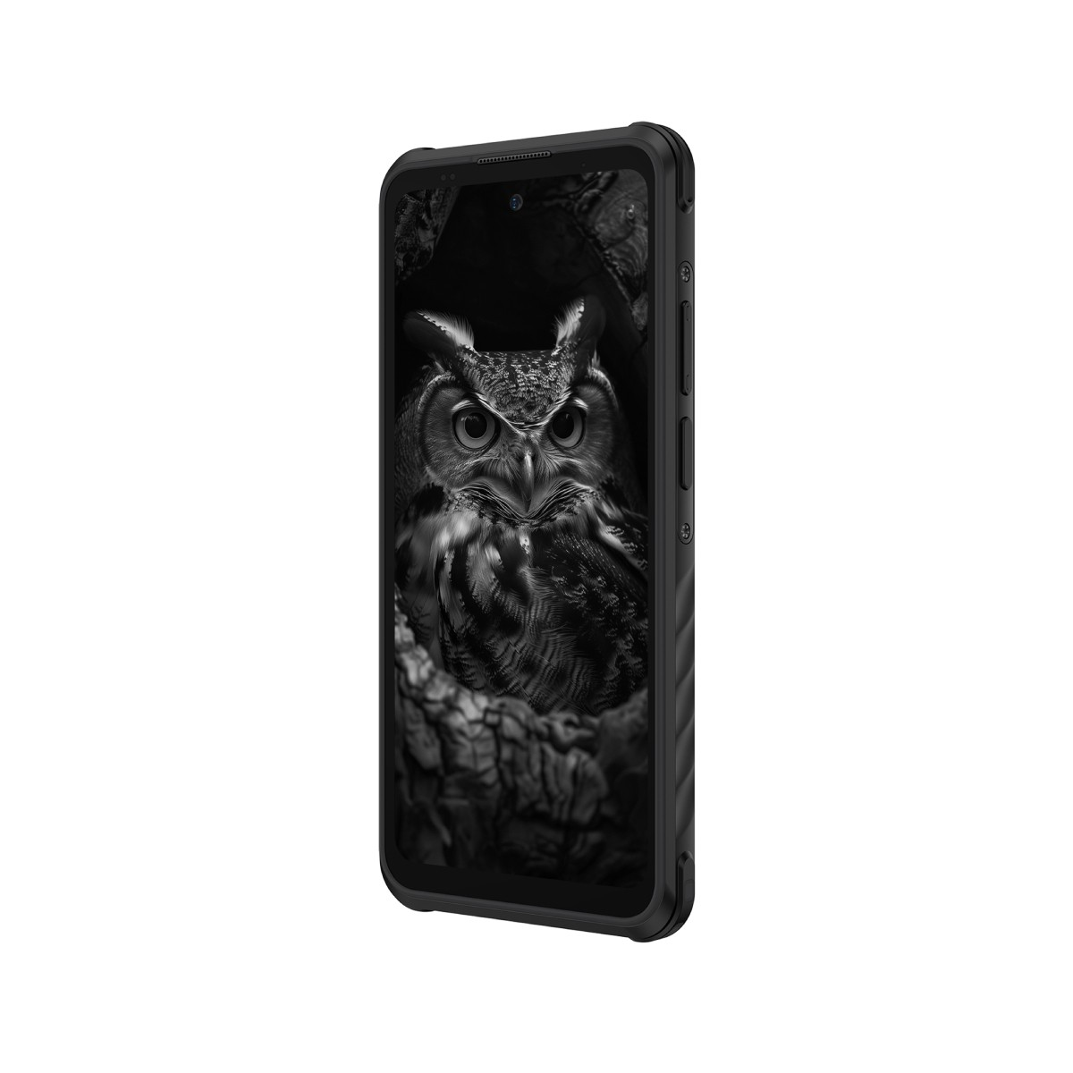 Ekran smartfona z wizerunkiem sowy. Telefon jest w czarnym, wytrzymałym etui.