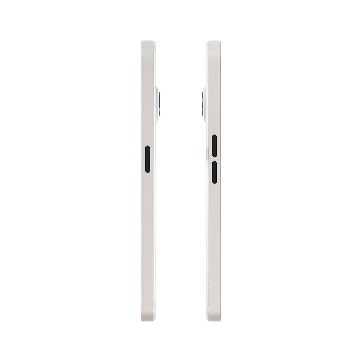 Zwei weiße Telefone, Seitenansicht, zeigen ihr Profil. Knöpfe und Kamera sind sichtbar.