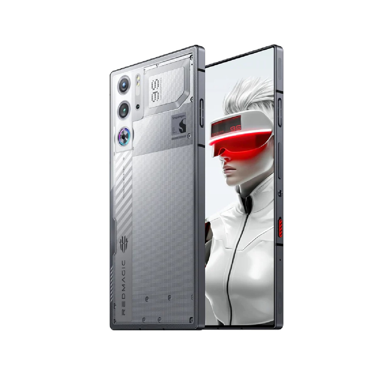 Schwarzes Smartphone mit transparentem Rücken, interne Komponenten sichtbar, und eine Person mit VR-Headset.