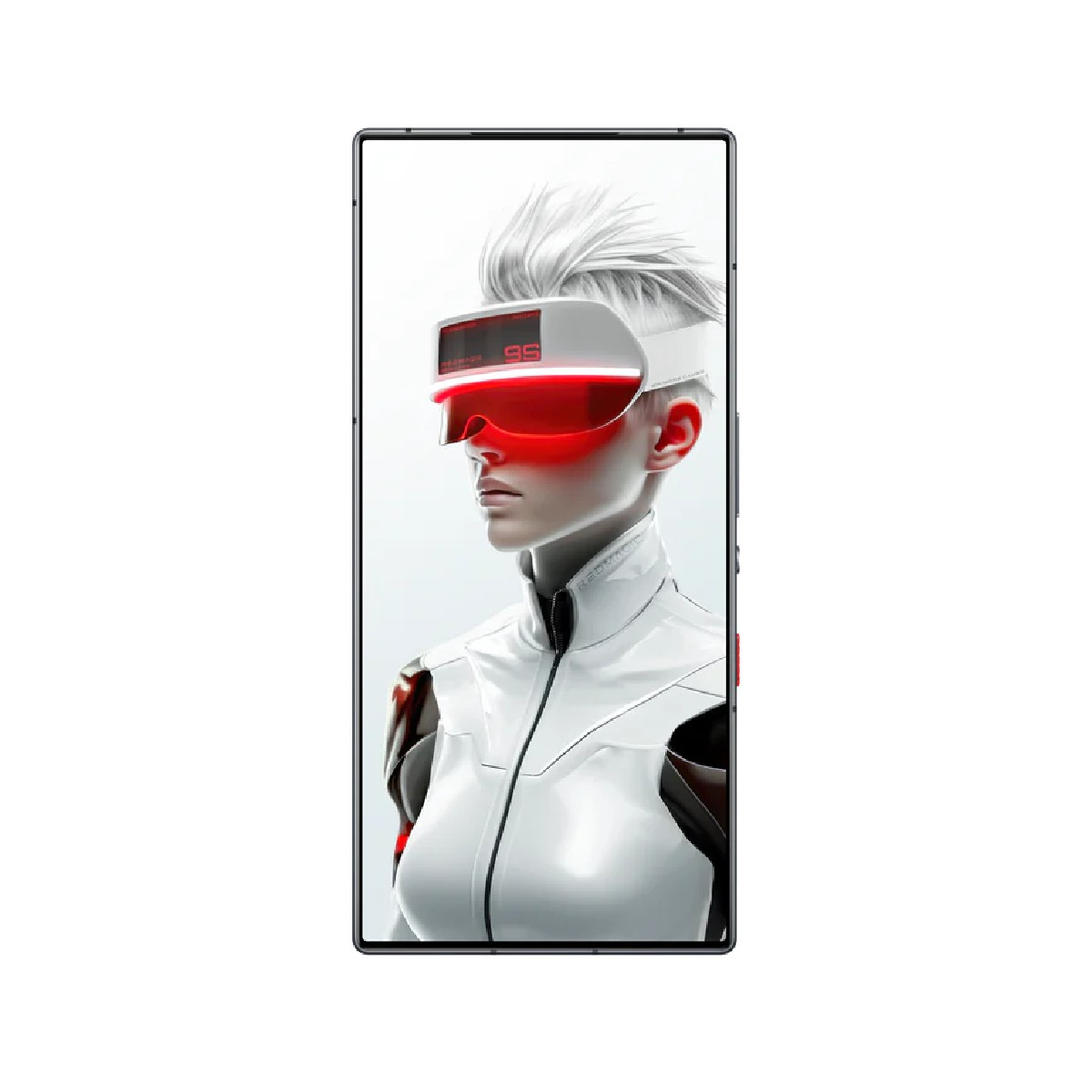 Futuristische Frau mit VR-Brille und weißem Anzug, auf einem Smartphone-Bildschirm, weißer Hintergrund.