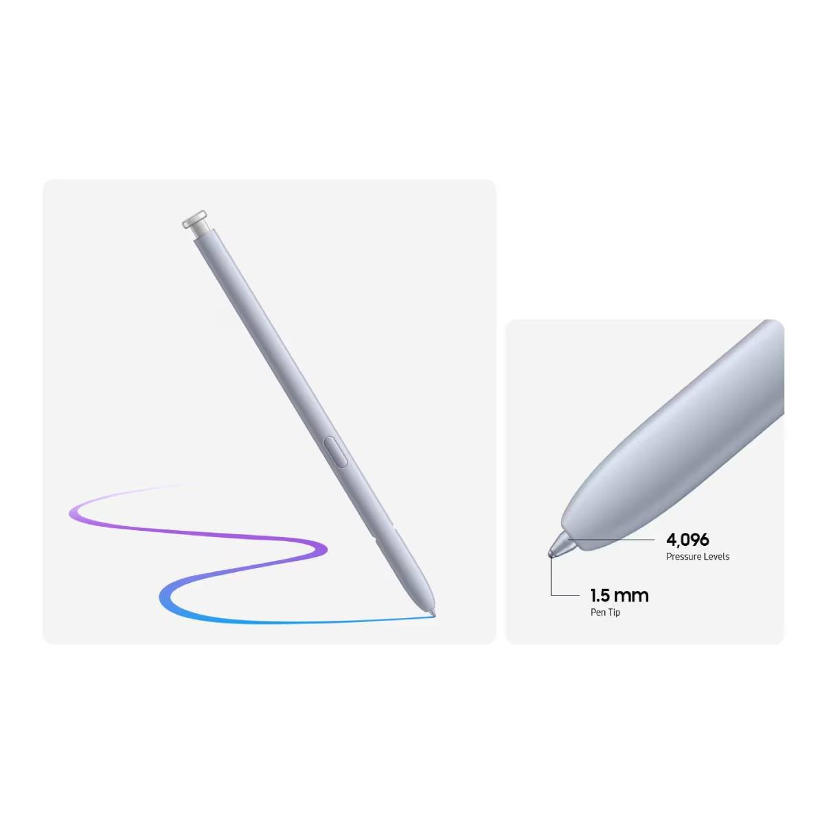 Białe pióro, pod kątem. Zbliżenie końcówki pióra pokazujące końcówkę 1,5 mm i 4096 poziomów nacisku.