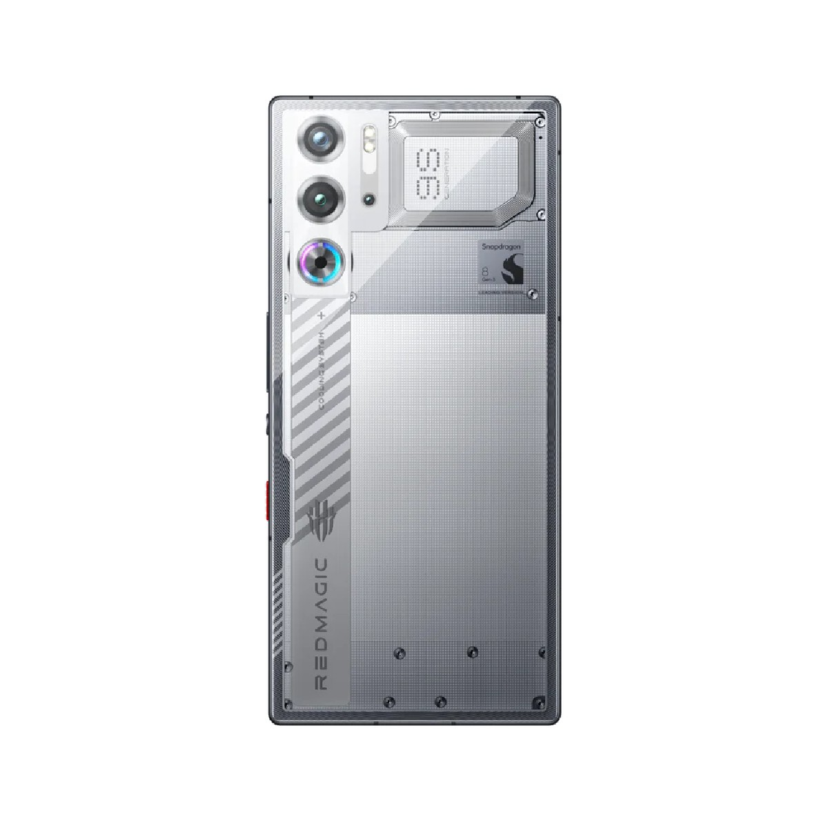 Silberne Telefonrückseite mit Kamera und LED-Leuchten. Redmagic-Logo sichtbar. Telefon auf weißem Hintergrund.
