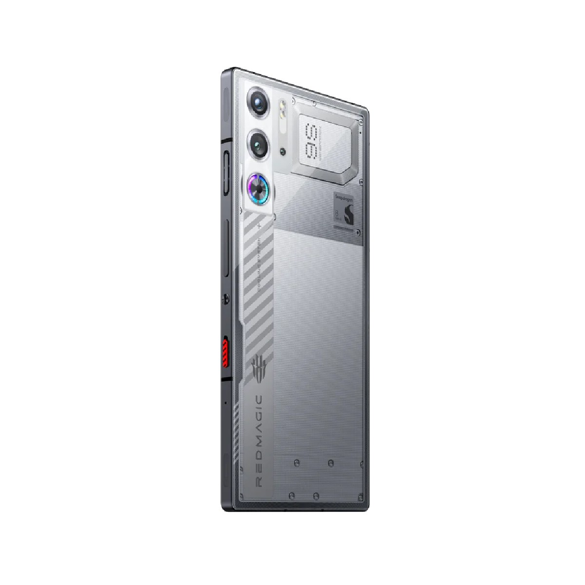 Silberne Telefonrückseite mit Kamera und LED-Leuchten. Redmagic-Logo sichtbar. Telefon auf weißem Hintergrund.
