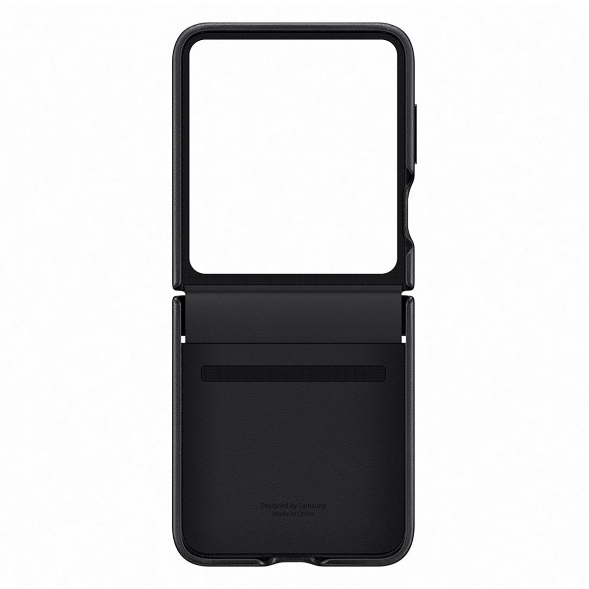 Schwarze Handyhülle, offen, abgewinkelt. Weißer Innenraum mit Kartenfach und Samsung-Logo sichtbar.