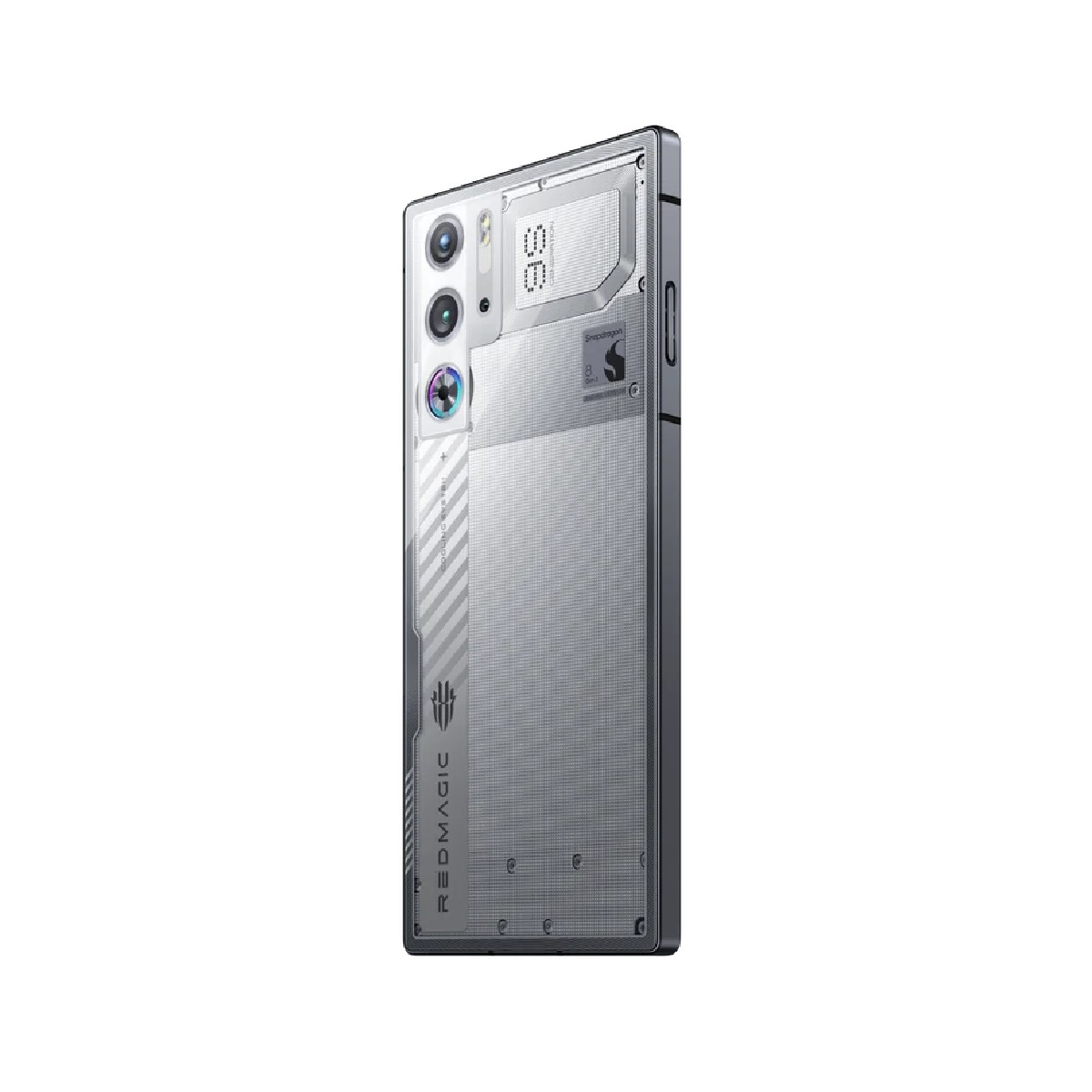 Silberne Telefonrückseite mit Kamera und LED-Leuchten. Redmagic-Logo sichtbar. Telefon auf weißem Hintergrund.