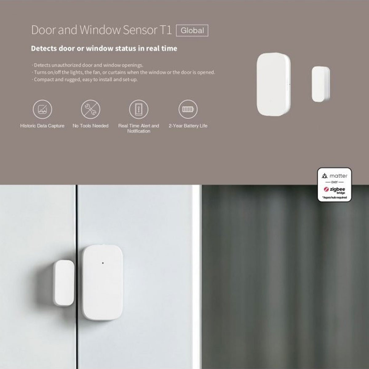 Sensore porta e finestra con testo. Bianco, due pezzi. Sfondo grigio. Logo del marchio visibile.