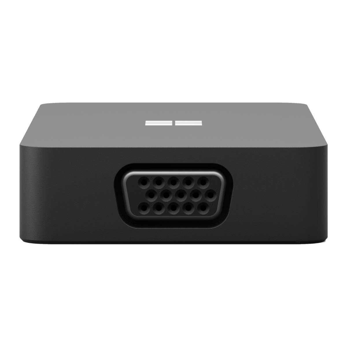 Adaptador Microsoft negro con puerto VGA. Logotipo blanco de Microsoft en la parte superior.
