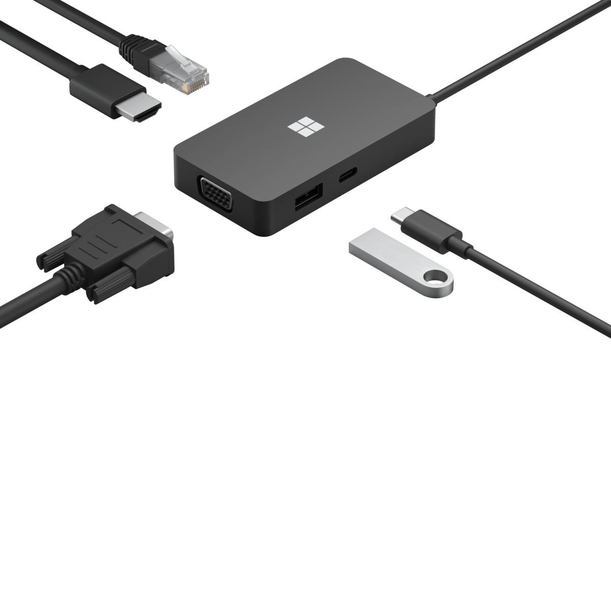 Concentrador Microsoft con múltiples cables adjuntos. Fondo blanco. Múltiples puertos visibles.