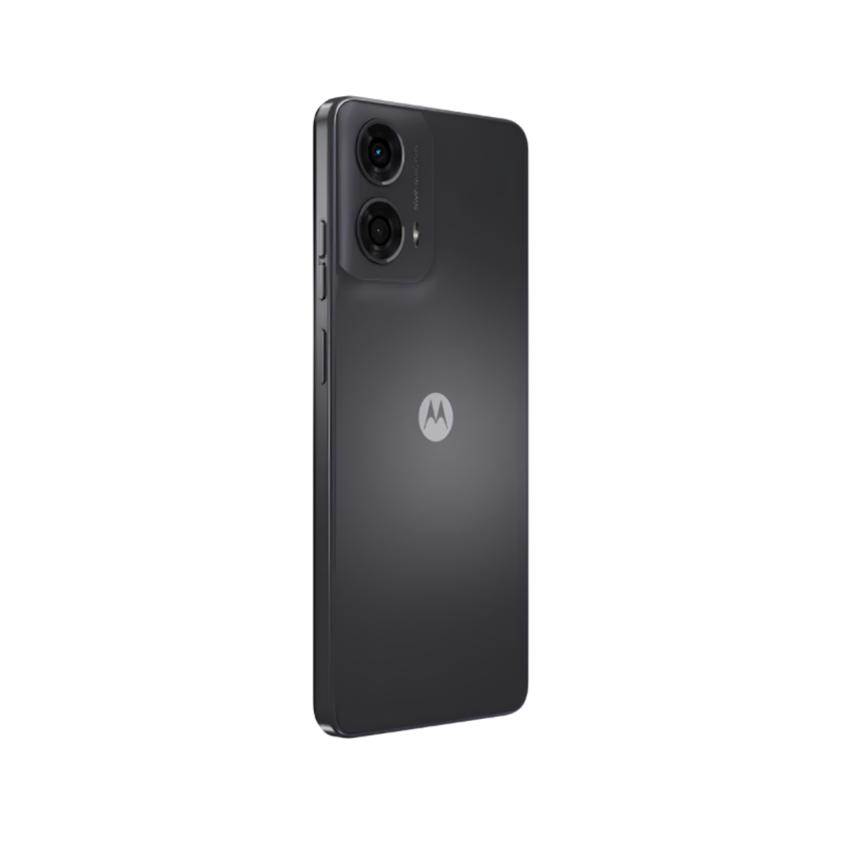 Dunkelgraues Smartphone, Rückansicht, mit Kameras und Logo. Schwarzer Hintergrund.