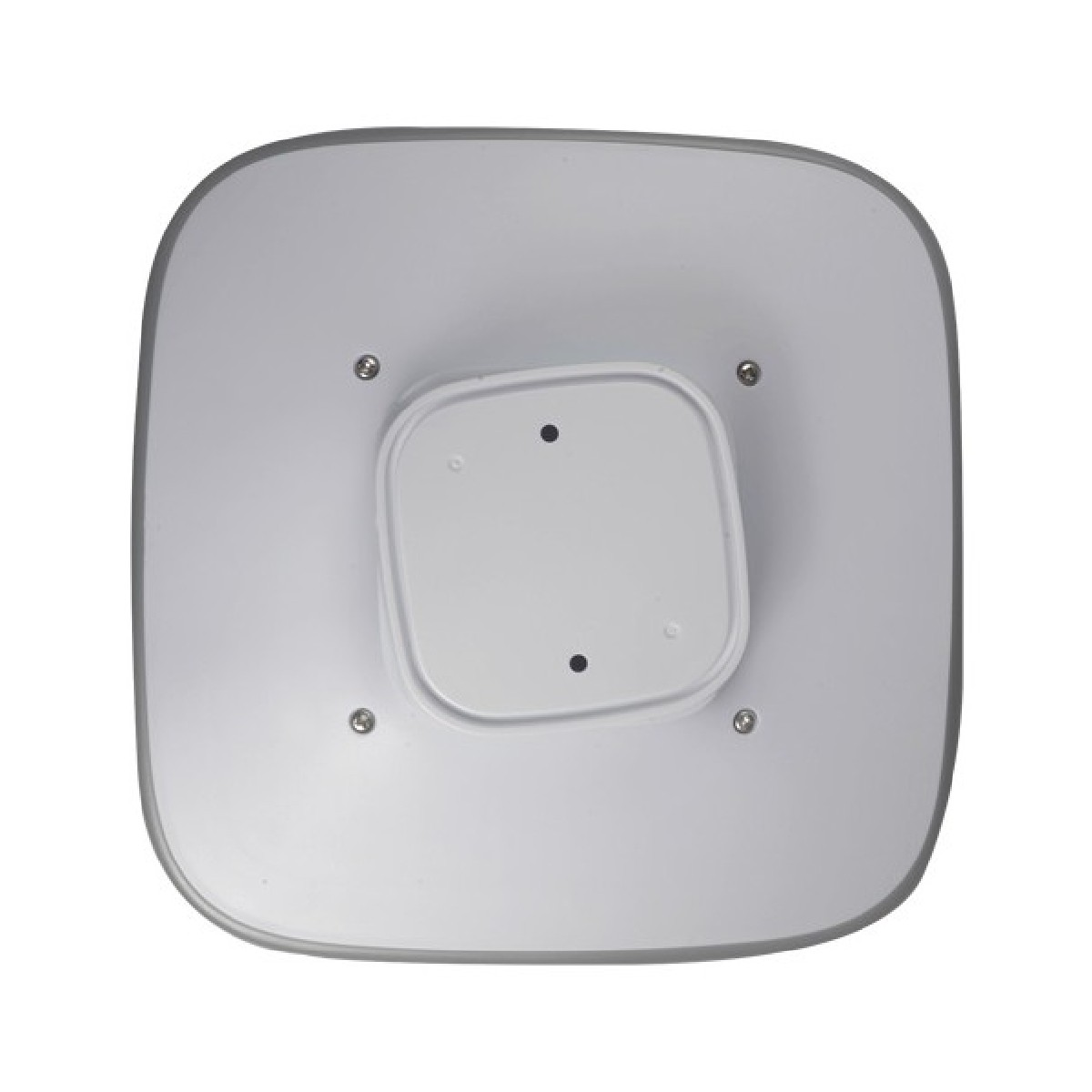Dispositivo quadrato bianco con un quadrato più piccolo al centro. Viti sugli angoli.