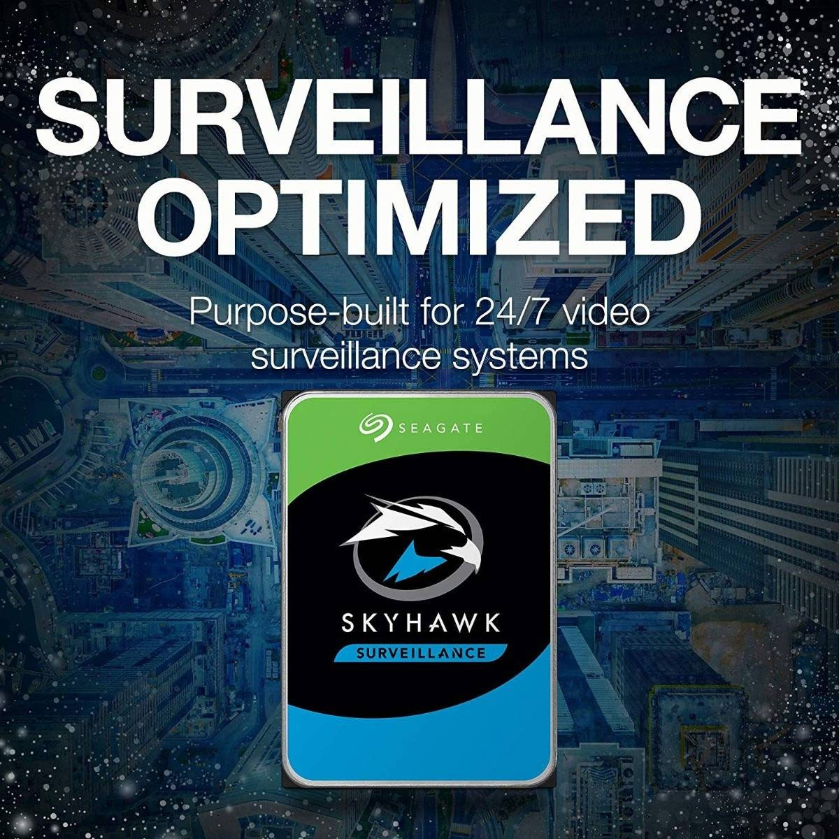 Dysk twardy Seagate Skyhawk do monitoringu z tekstem 'Surveillance Optimized'.