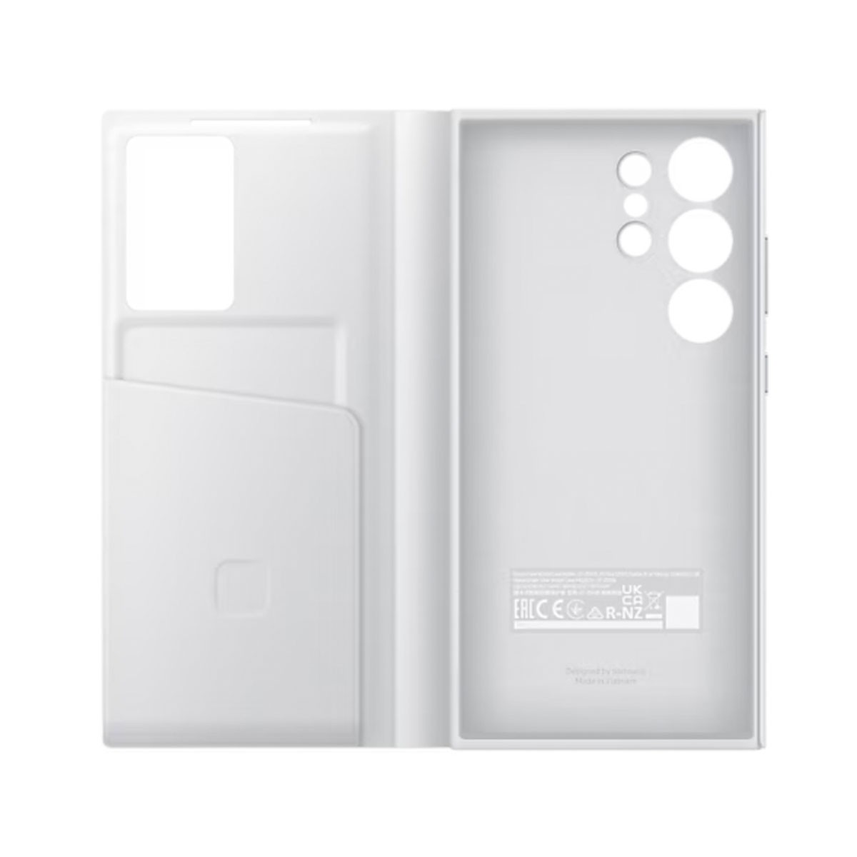 Custodia bianca per telefono, aperta, che mostra l'interno con slot per schede e ritagli per fotocamera.