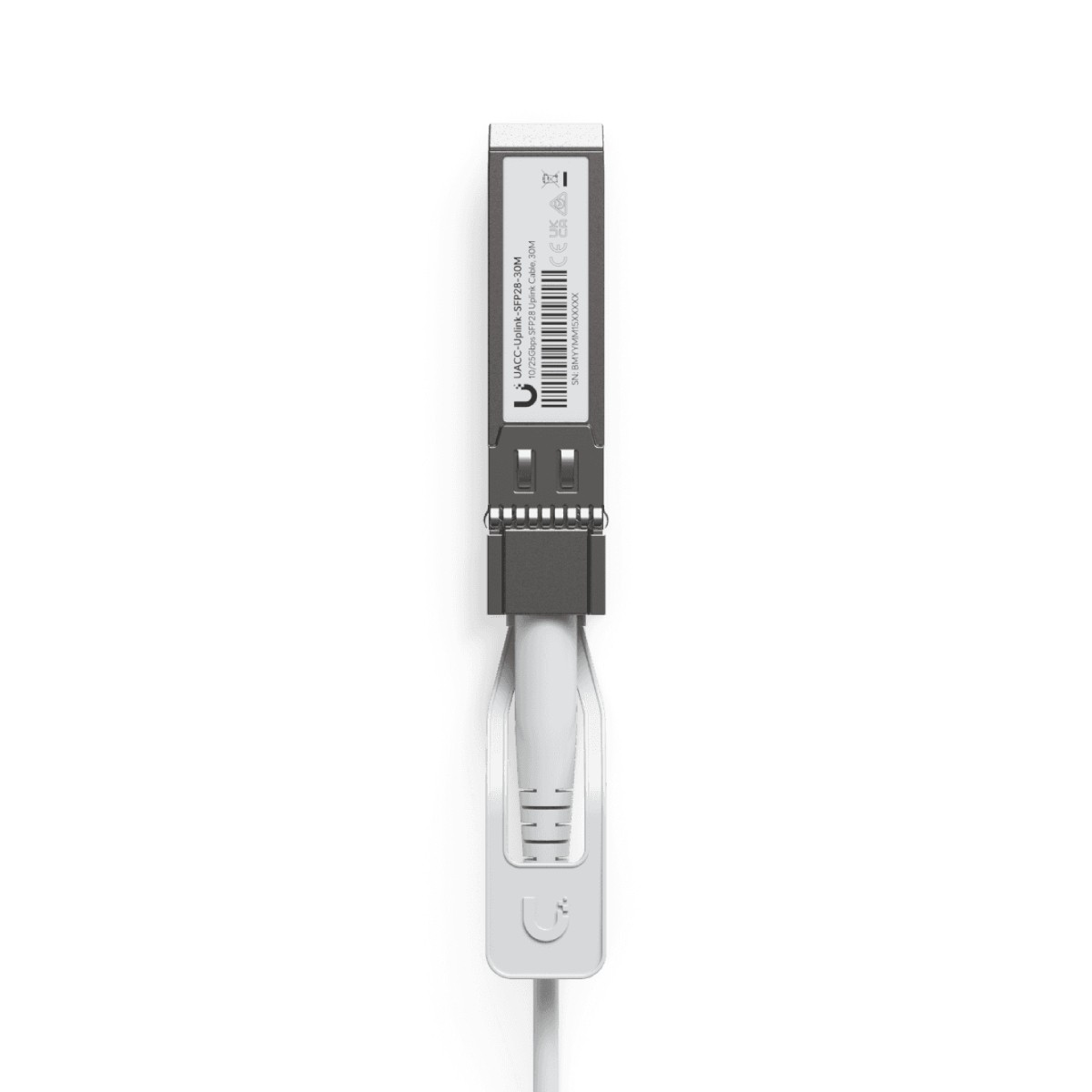 Een apparaat met een connector, mogelijk een netwerkmodule, met een witte kabel en een label.