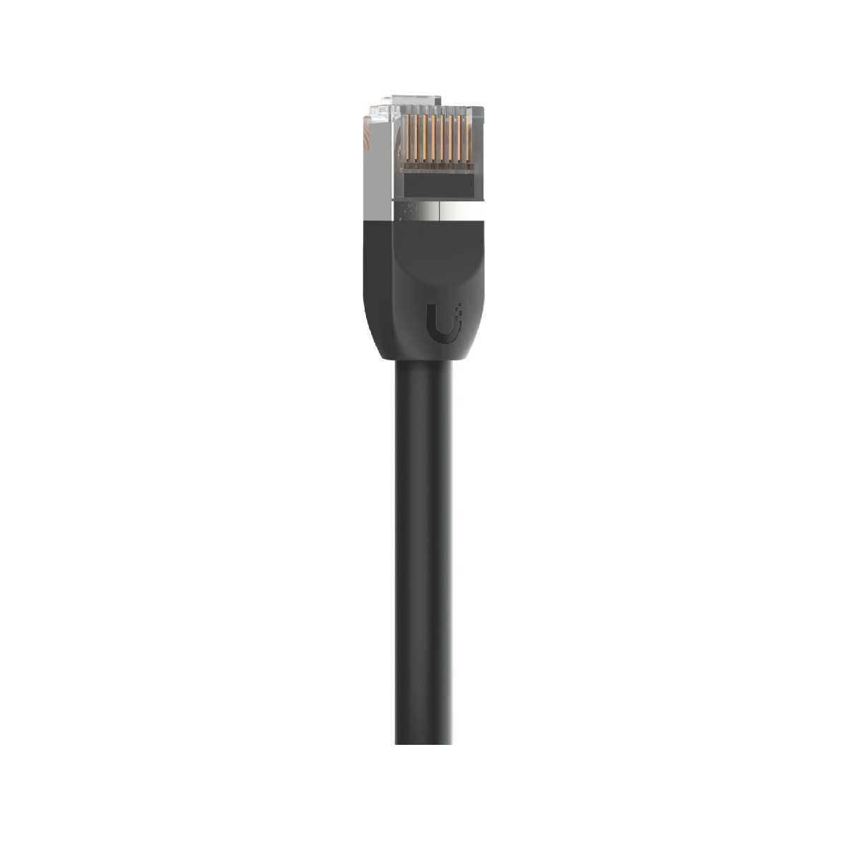 Cavo di rete nero con connettore RJ45 trasparente.