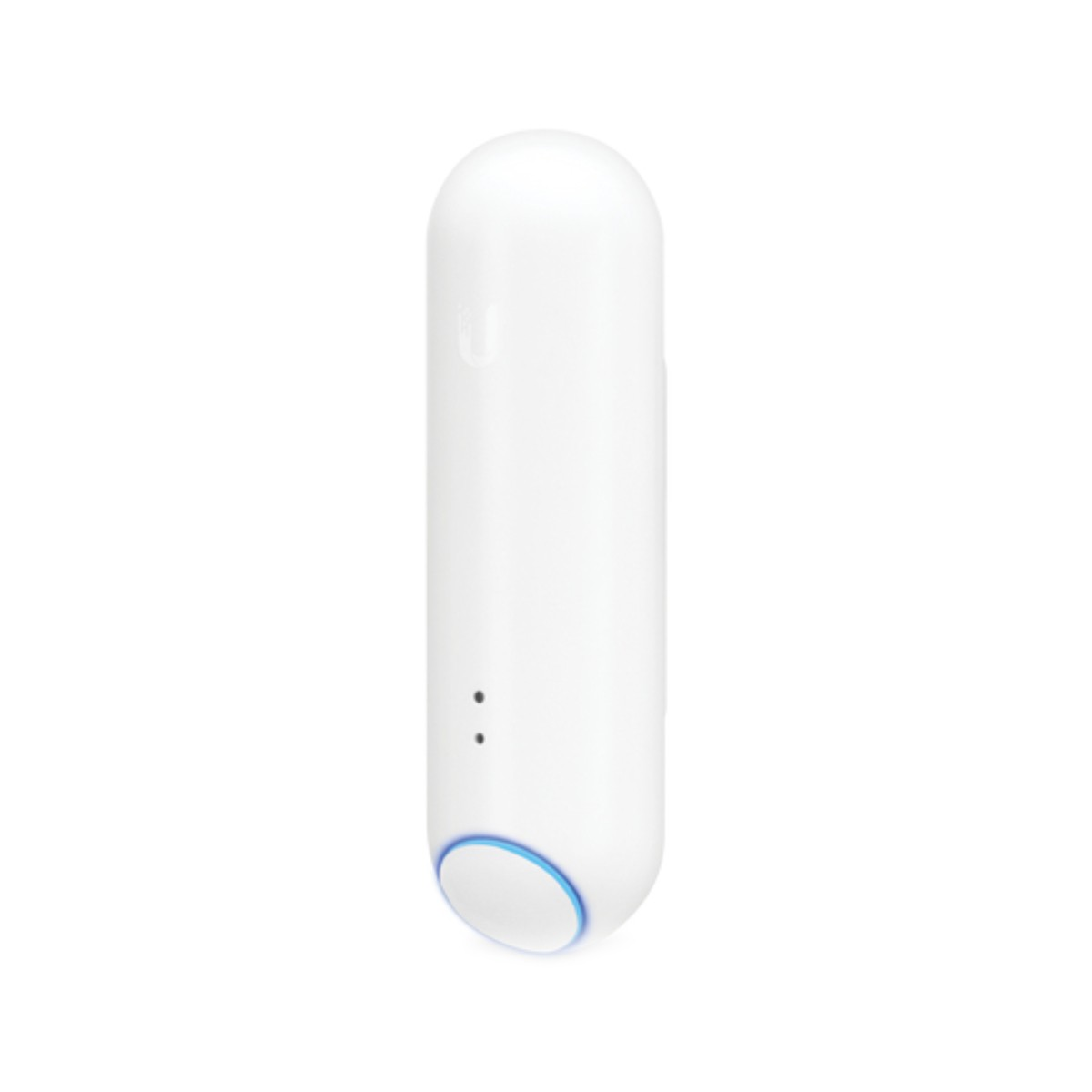 Dispositivo blanco, ovalado, con dos puntos y una luz azul.