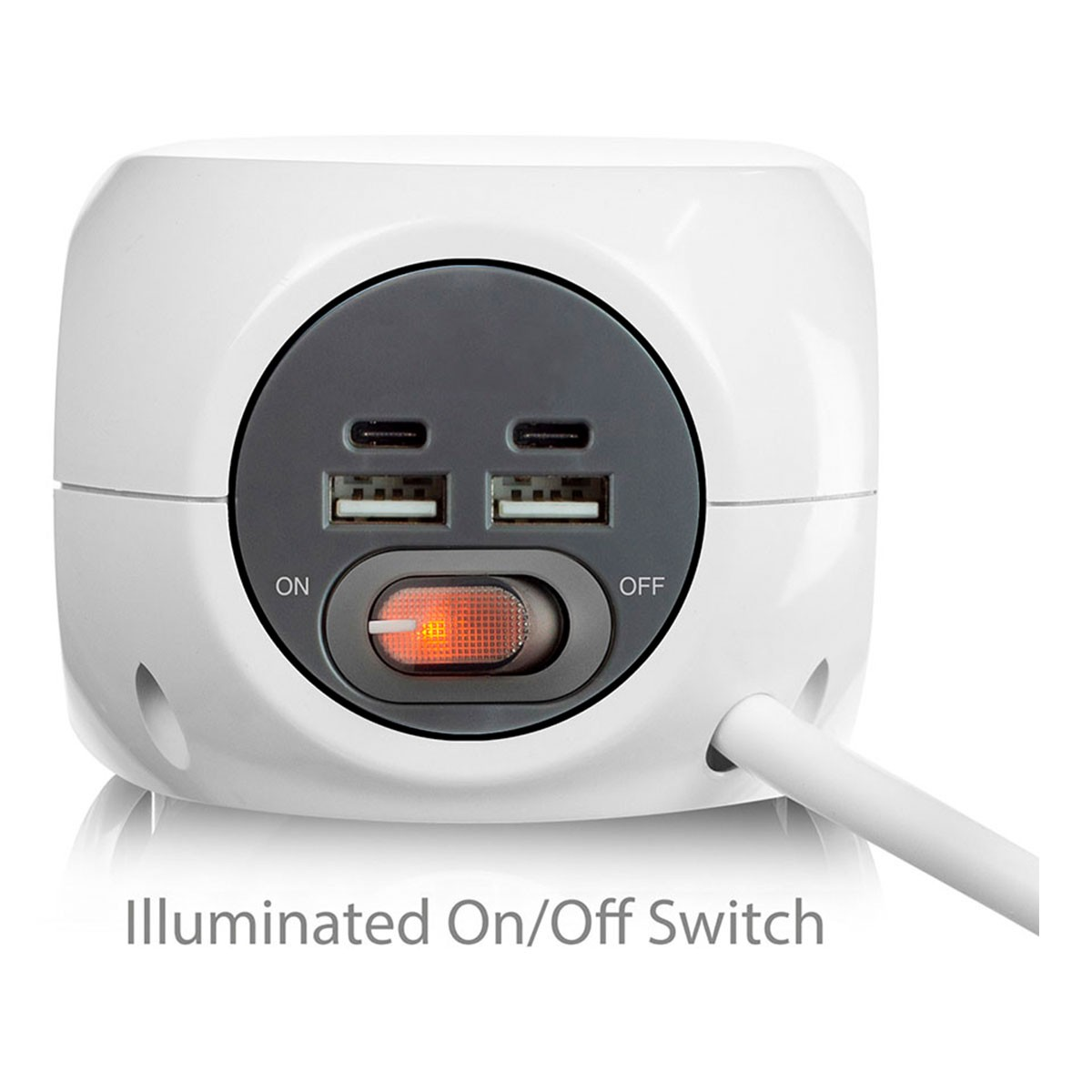 Biała kostka z podświetlanym włącznikiem/wyłącznikiem, portami USB i kablem zasilającym.