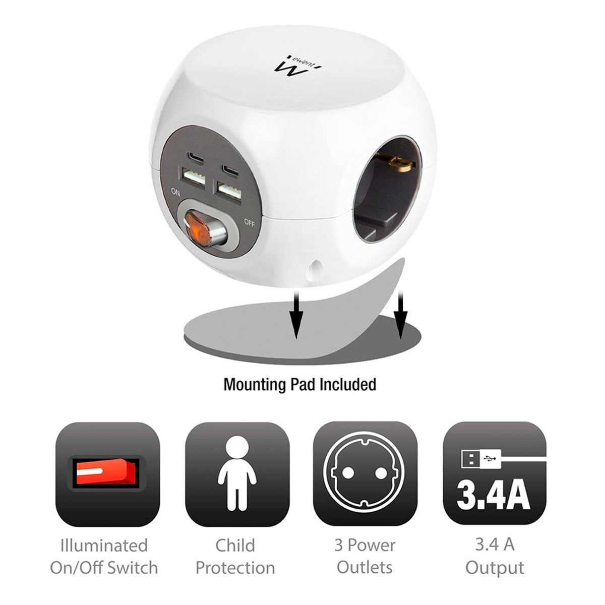 Biała kostka zasilająca z gniazdami, portami USB i przełącznikiem, z ikonami.