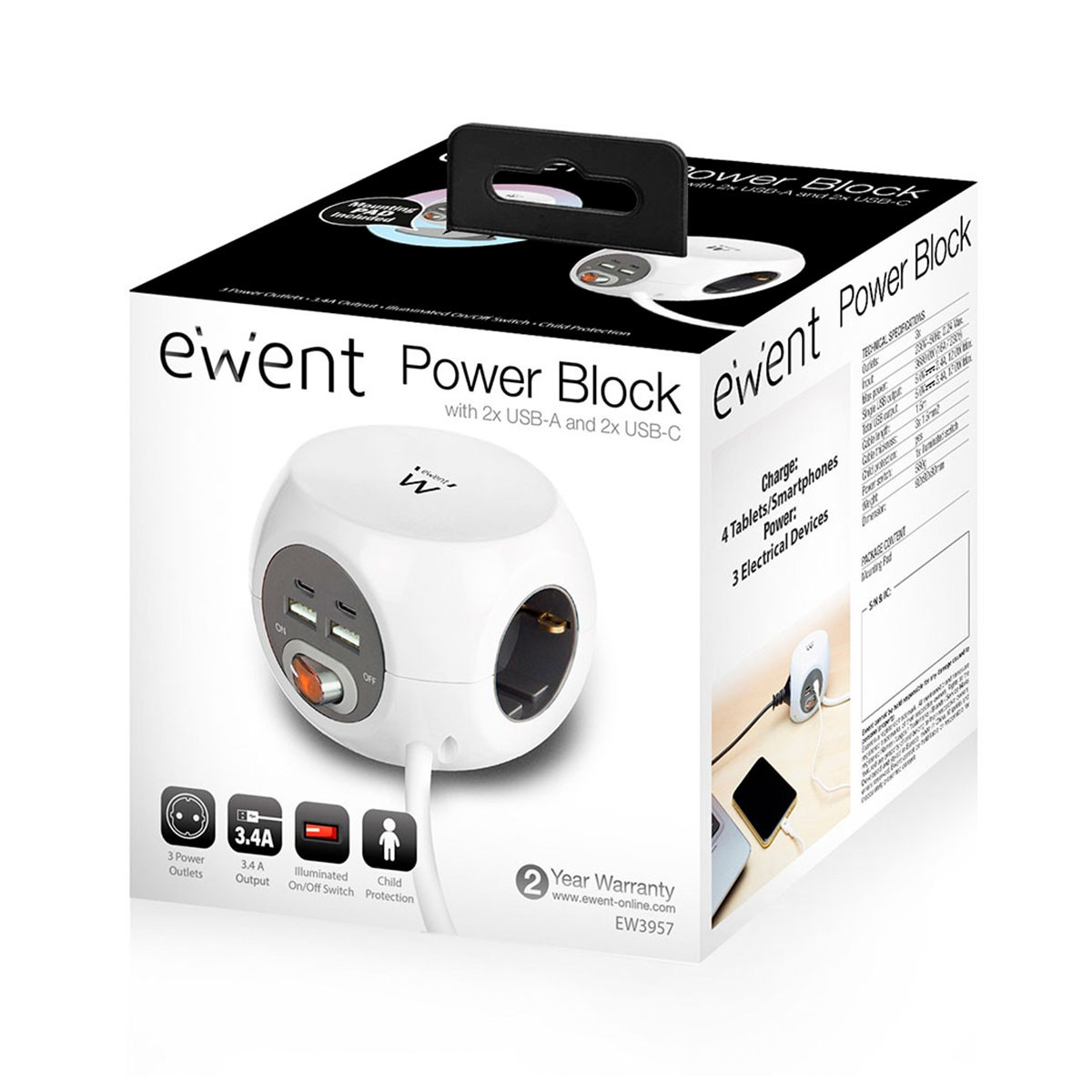 Pudełko z kostką zasilającą, gniazdami, portami USB i przełącznikiem; zawiera informacje o gwarancji.