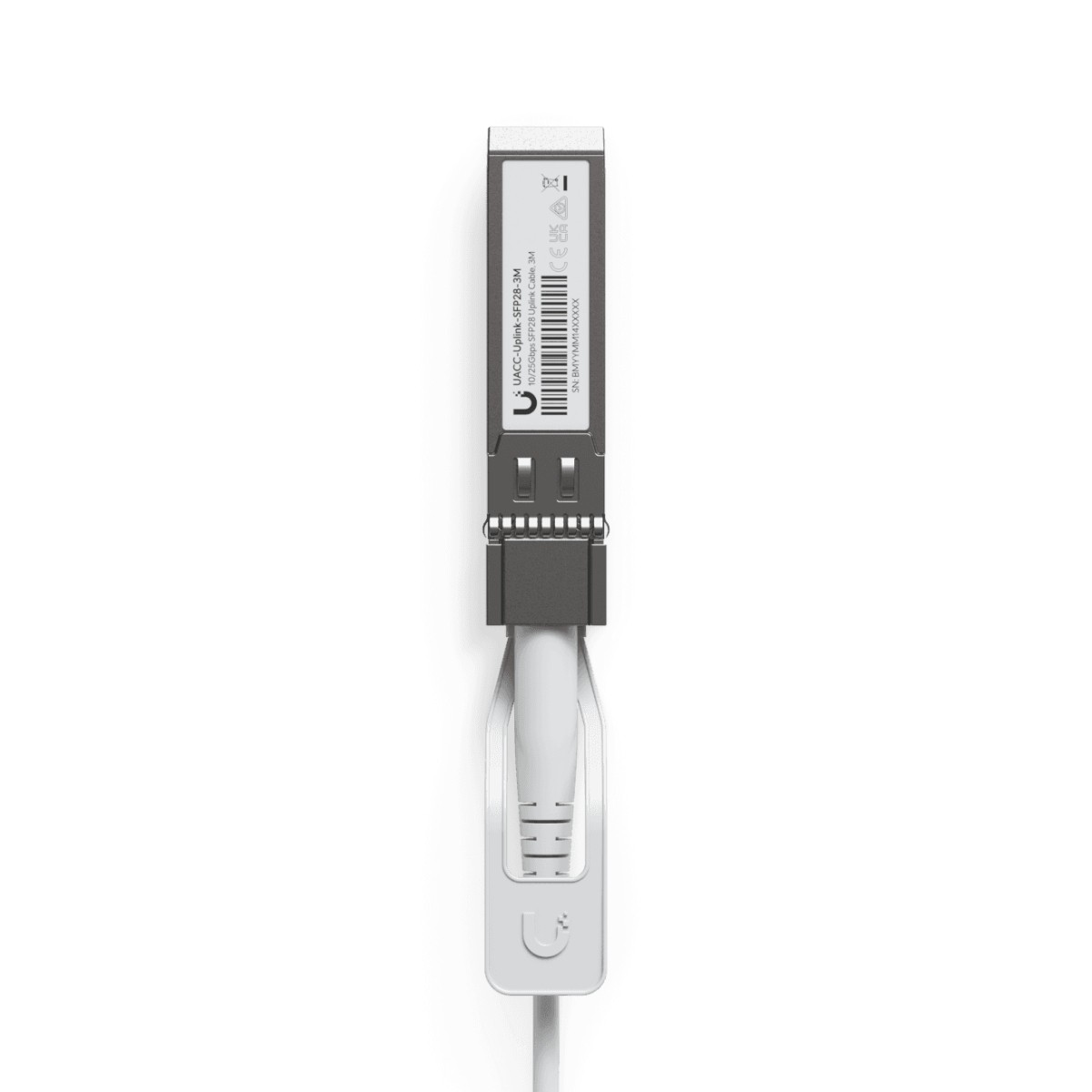 Un dispositivo con un conector, posiblemente un módulo de red, con un cable blanco y una etiqueta.
