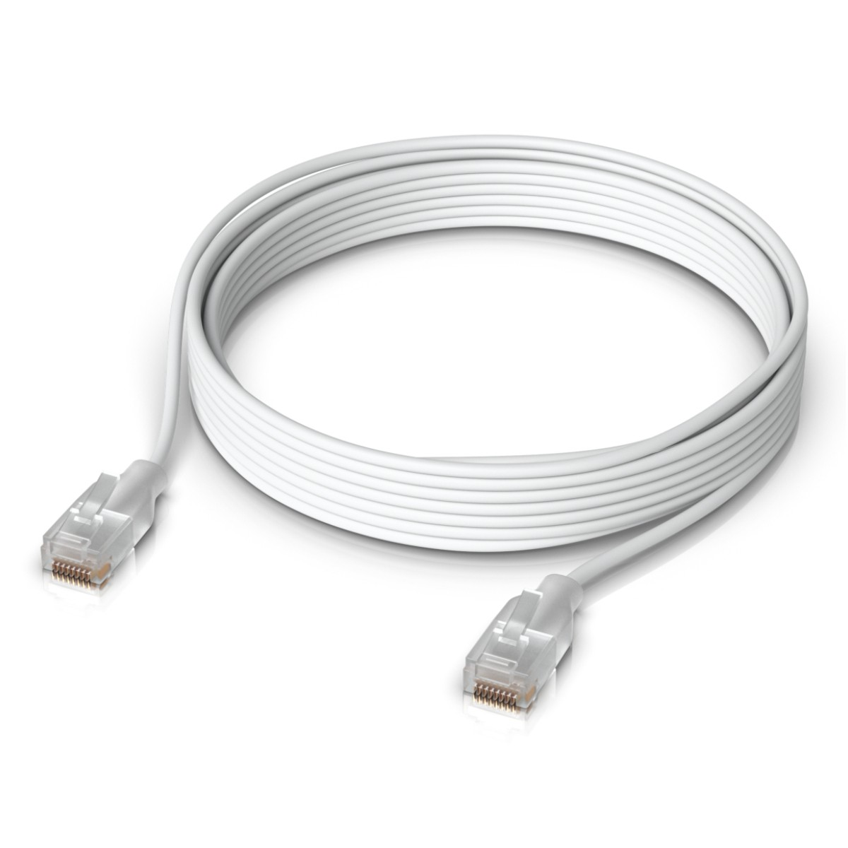 White Ethernet cable with transparent RJ45 connectors at both ends, coiled on a white surface.