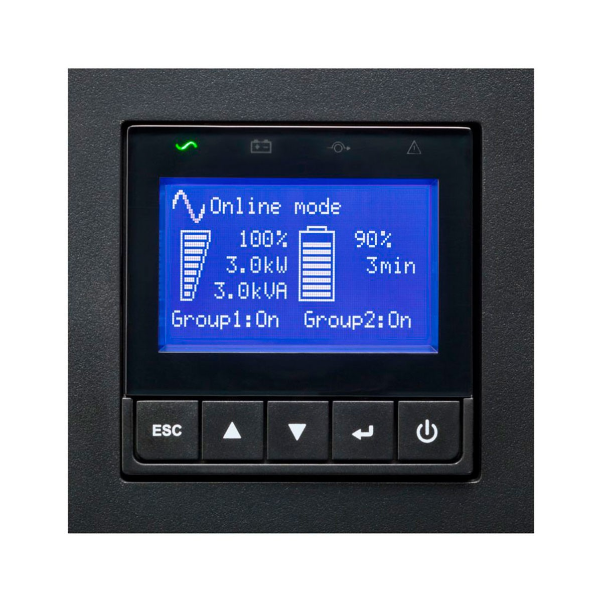 Pantalla de SAI que muestra el modo en línea, el nivel de batería y la información de uso de energía, con botones.