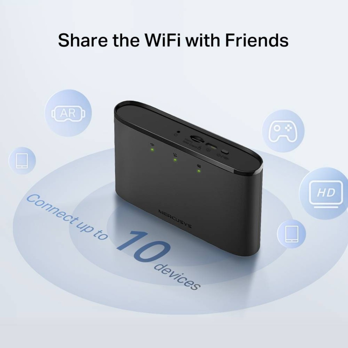 Dispositivo nero con icone e testo di condivisione WiFi, collegando fino a 10 dispositivi.