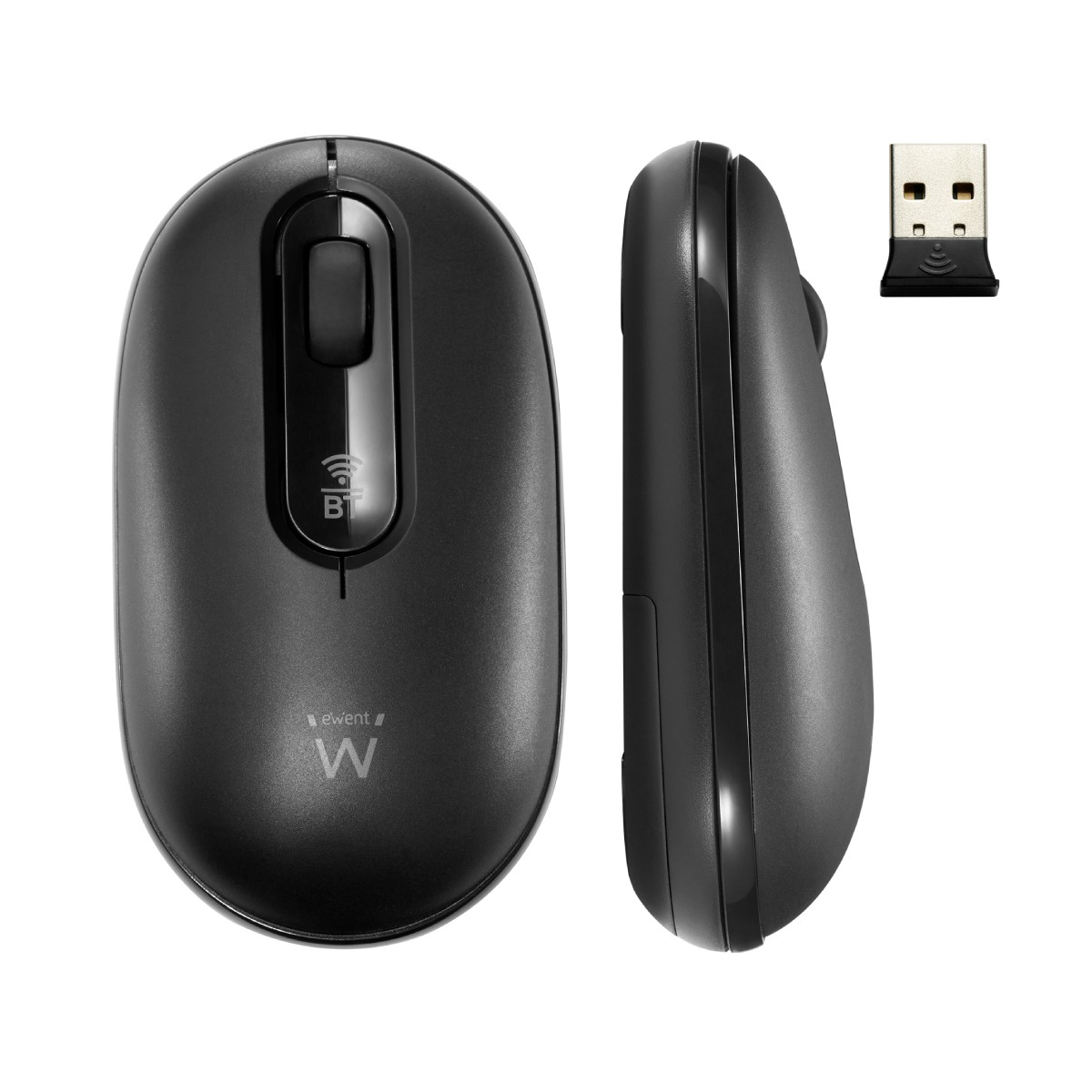Mouse wireless nero con ricevitore USB. Vista dall'alto e laterale su sfondo bianco.