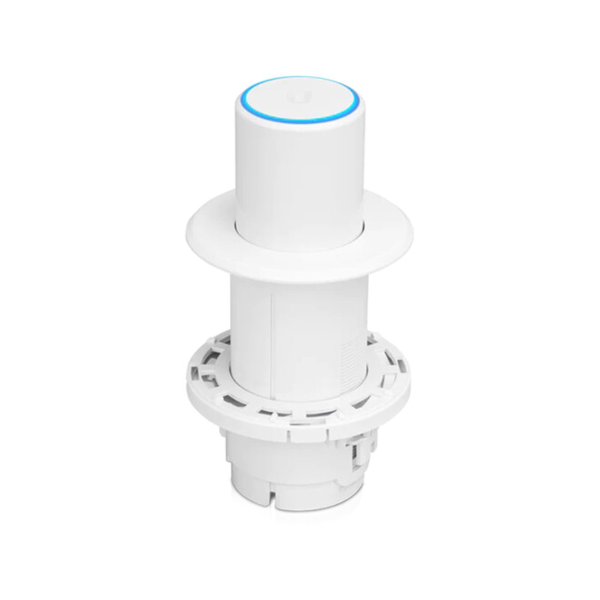 Białe urządzenie, kształt cylindryczny, z niebieskim pierścieniem u góry i okrągłą podstawą.