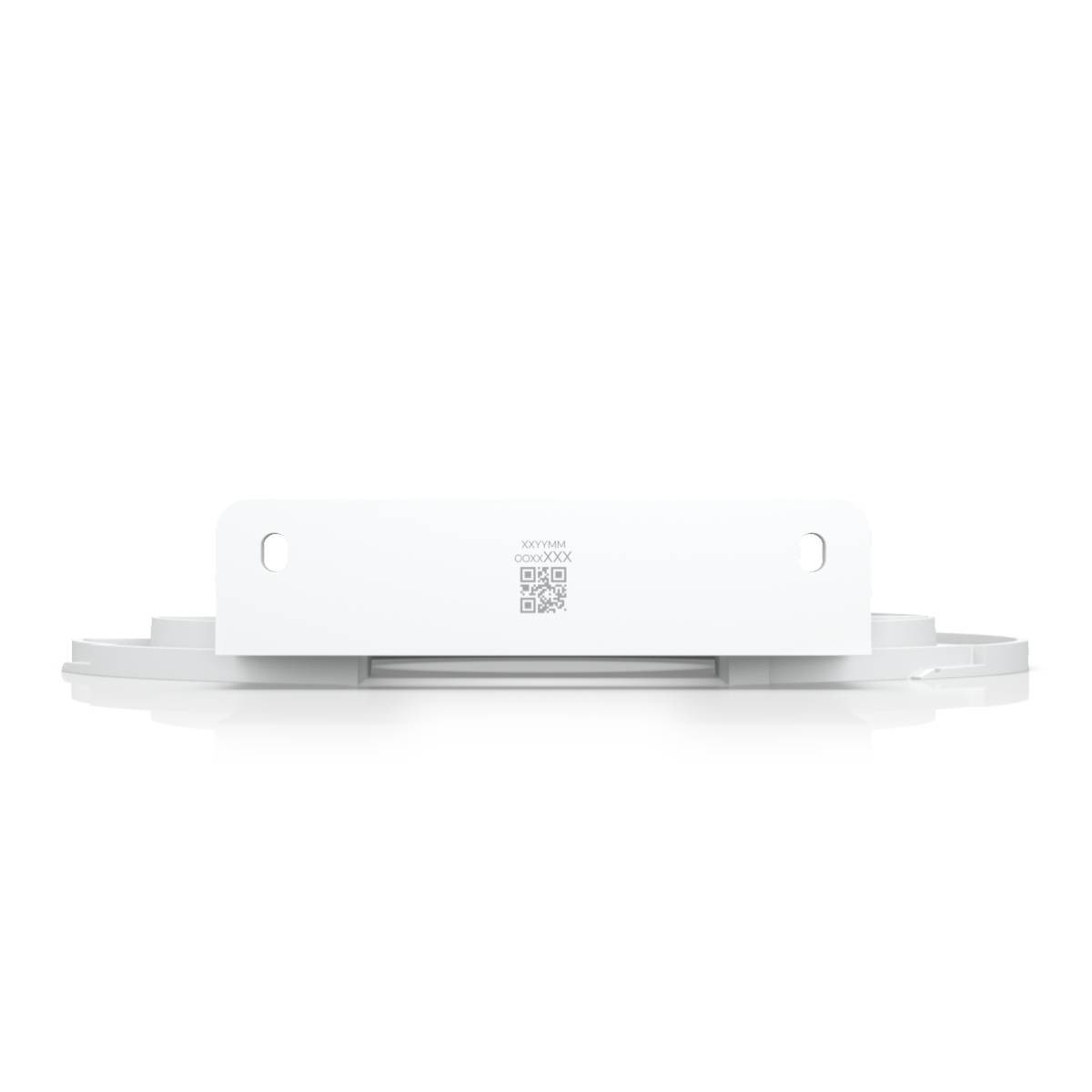 Białe urządzenie z kodem QR i tekstem, na białym tle.