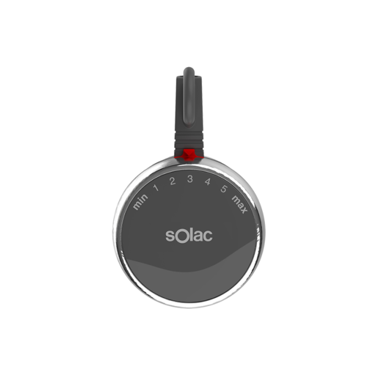 Primer plano de un dial gris con números e indicador rojo, sobre un fondo oscuro.