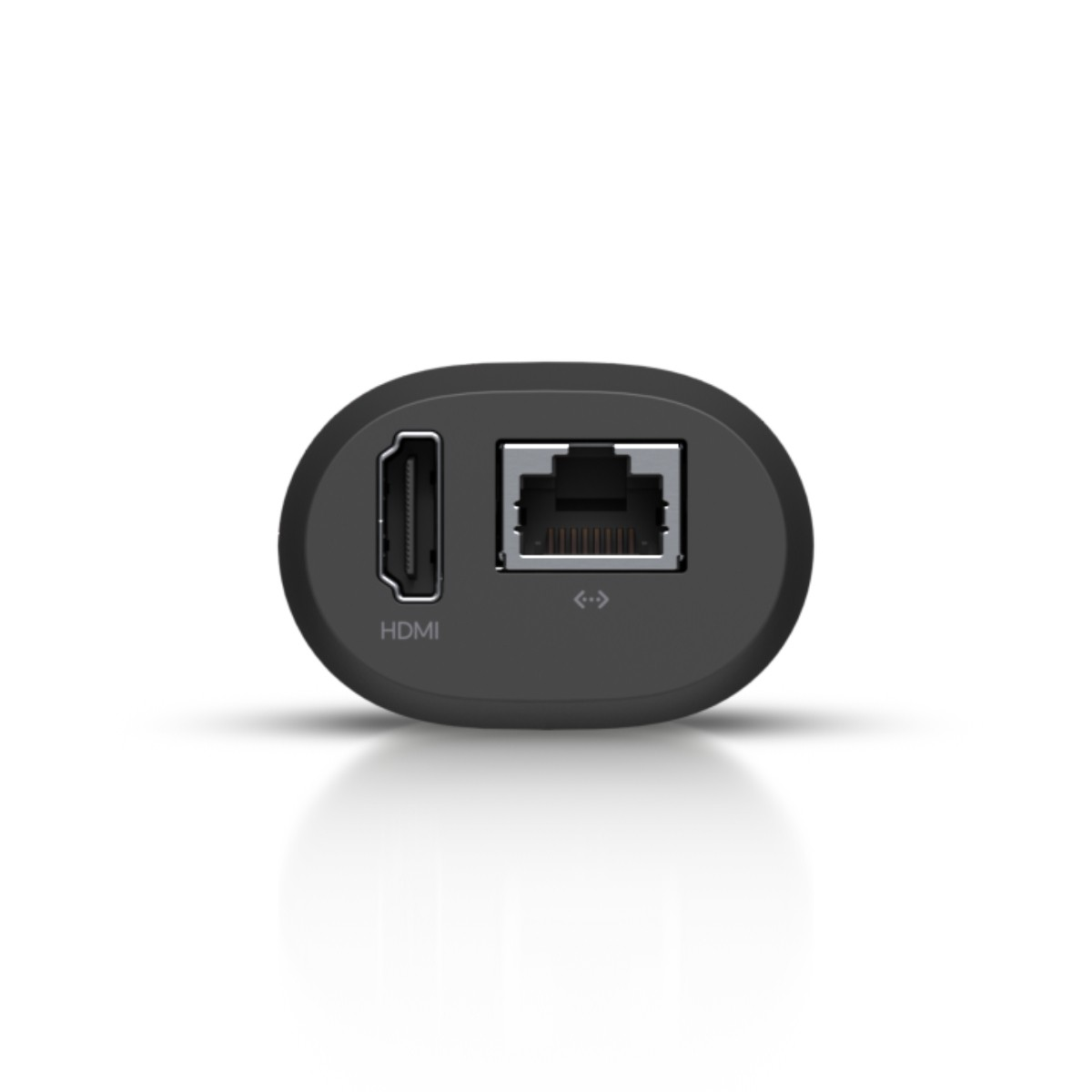 Zbliżenie czarnego urządzenia z portami HDMI i Ethernet, na białym tle.