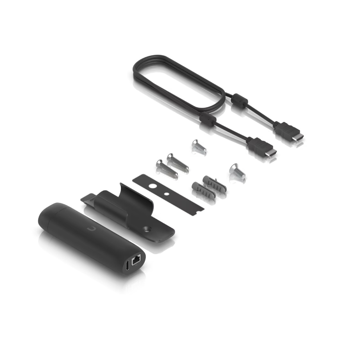 Elementy czarnego urządzenia: kable HDMI, wspornik montażowy, śruby i urządzenie z portami.