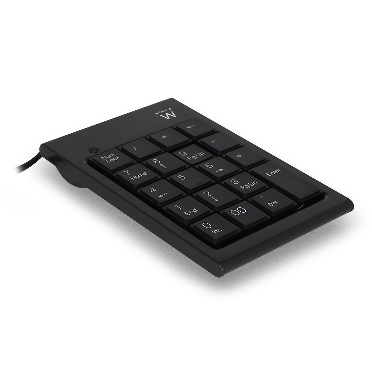 Teclado numérico negro con teclas numeradas y funciones. Sobre una superficie blanca.