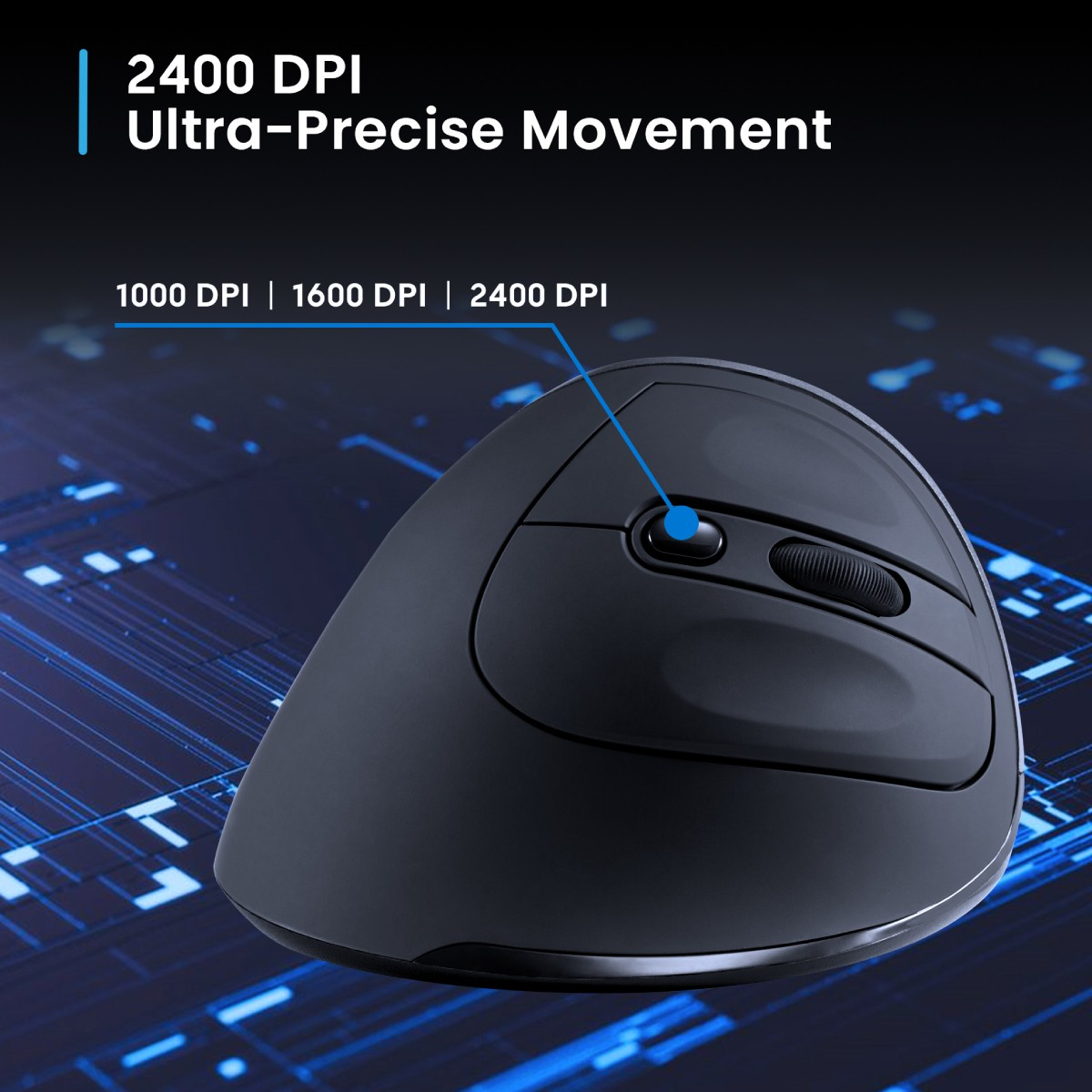 Czarna ergonomiczna mysz z przyciskami i kółkiem przewijania. Tekst: 2400 DPI Ultra-Precyzyjny Ruch.