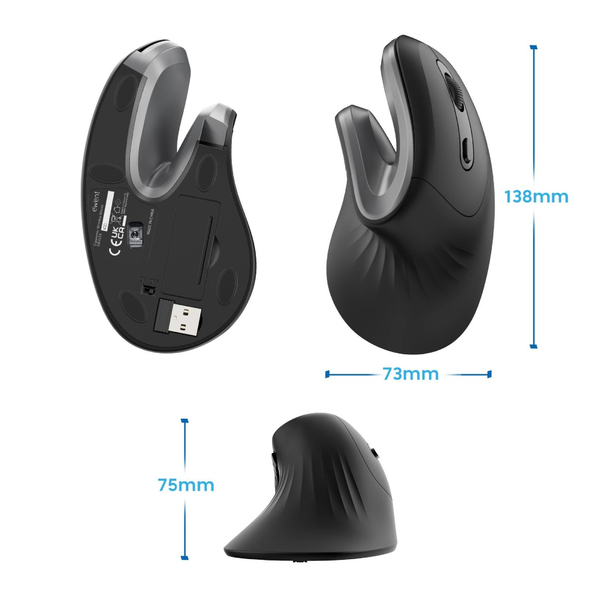 Mouse ergonomico nero. Vista inferiore, vista dall'alto e vista laterale con misure: 138 mm, 75 mm, 73 mm.