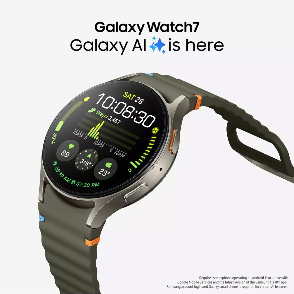 Smartwatch met tijd, stappen en andere gegevens. Tekst: Galaxy Watch7 Galaxy AI is here.