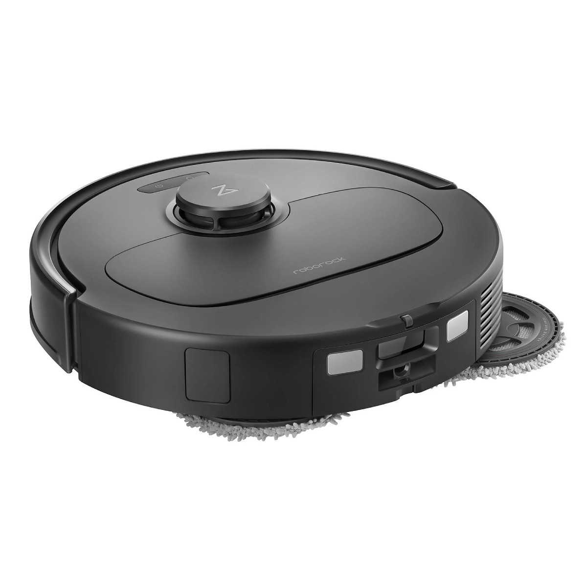 Czarny robot sprzątający na podłodze. Ma okrągły kształt.