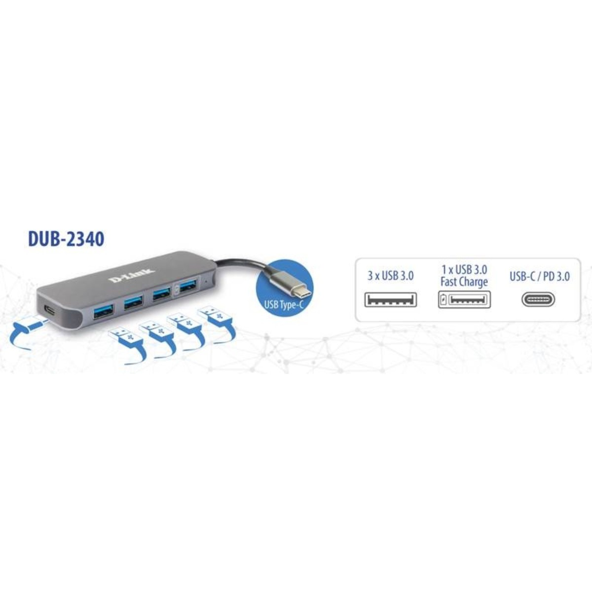 Hub USB D-Link, grigio, con 3 porte USB 3.0 e 1 USB-C. Cavo USB-C collegato. Sfondo bianco.