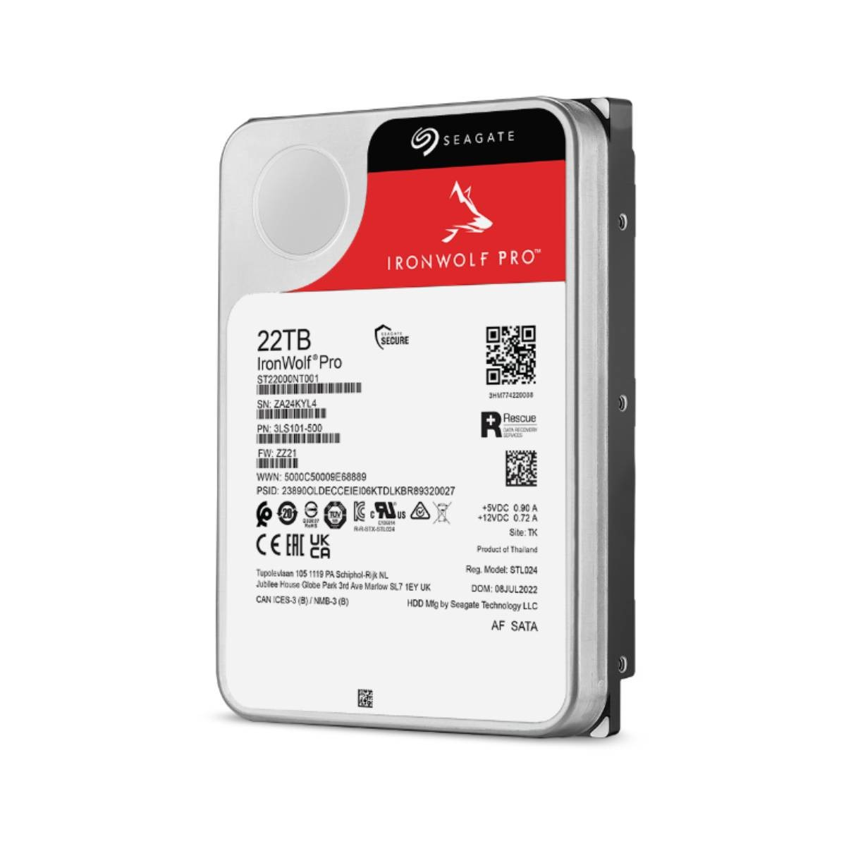 Seagate IronWolf Pro 22TB harde schijf. Rode bovenkant met logo. Witte achtergrond.